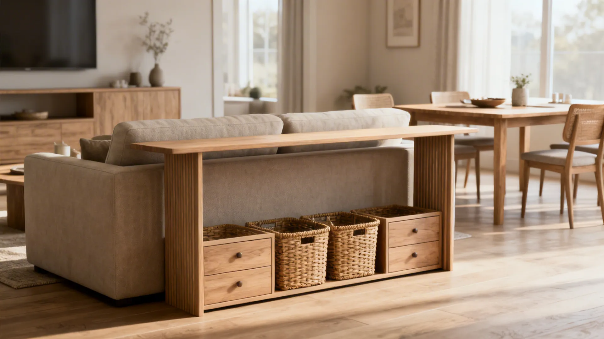 Slim console table behind a sofa acting as a room divider with drawers and baskets