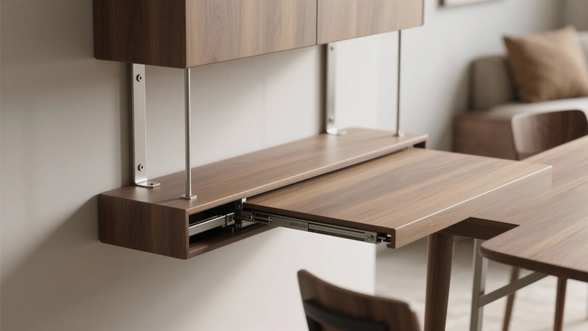 Close up of a wooden wall mounted desk showing the metal sliding mechanism and surface