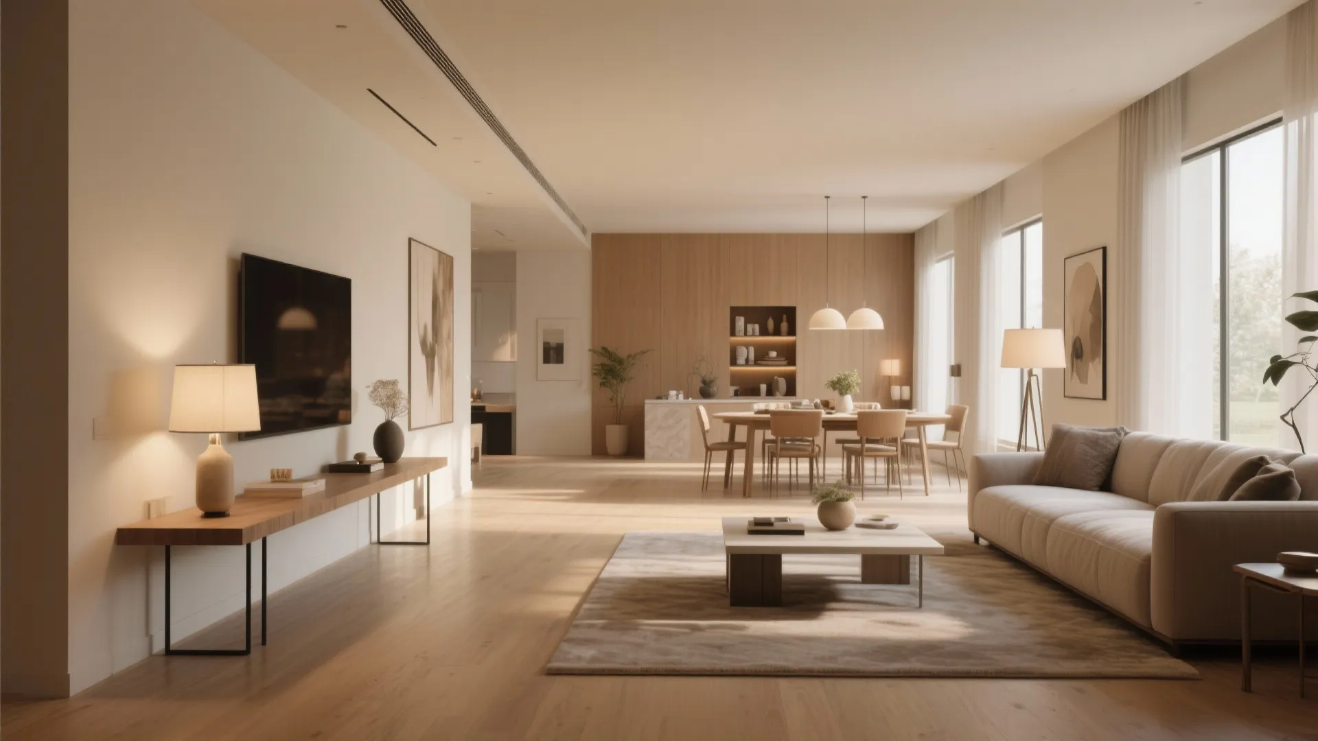 Spacious living area featuring long wooden cabinet with table lamp beige sofa and wooden dining set