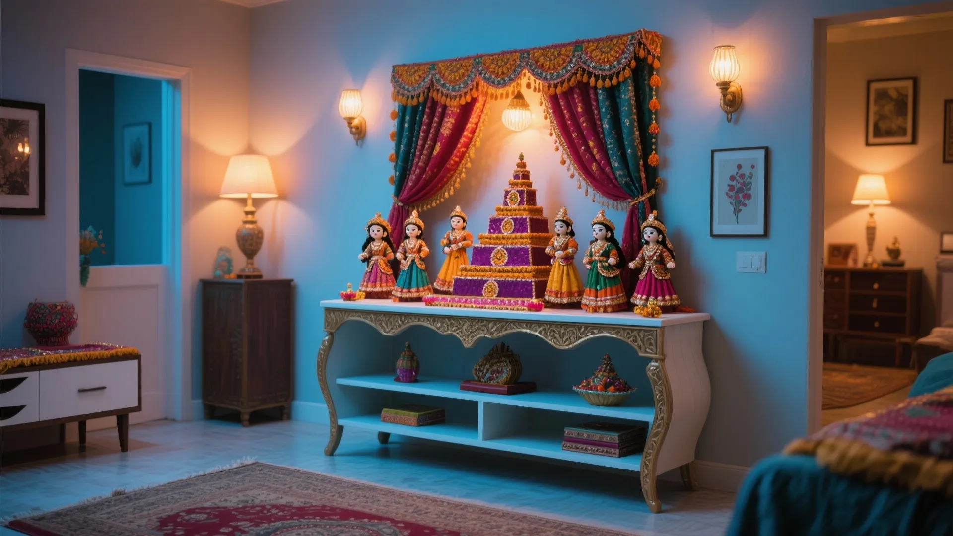 White cabinet with gold details showing traditional dolls and a tiered display under colorful curtains