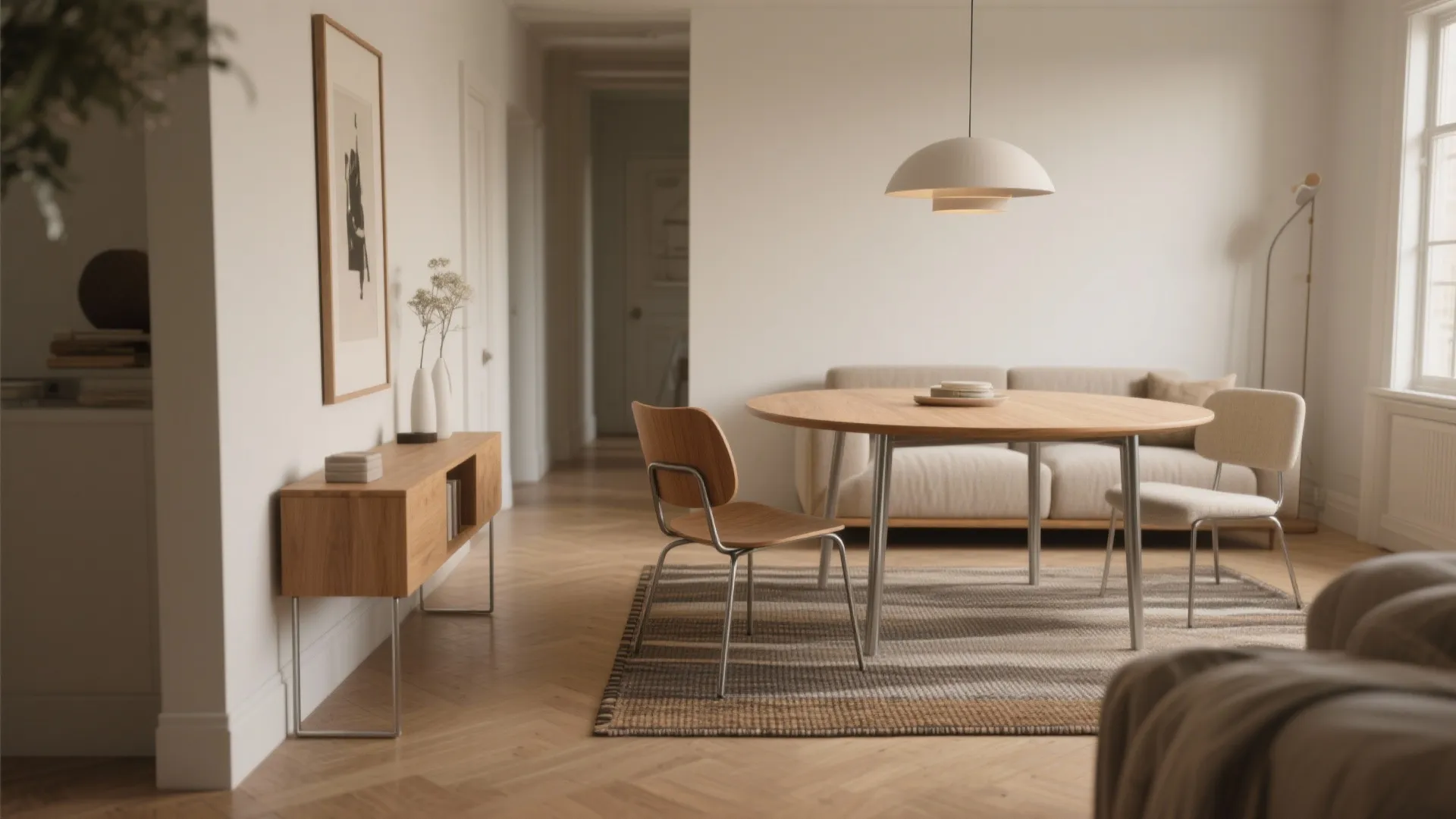 Modern home interior featuring wooden cabinet round dining table chairs white ceiling light and sofa