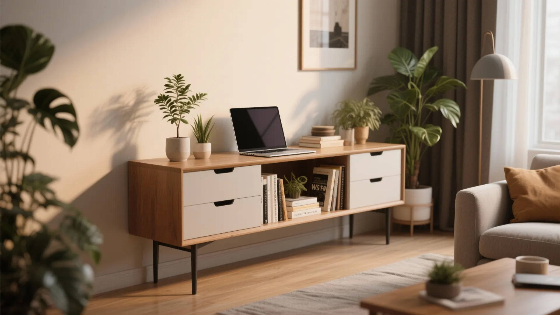 Modern wooden cabinet with laptop and small green plants against a clean white living wall