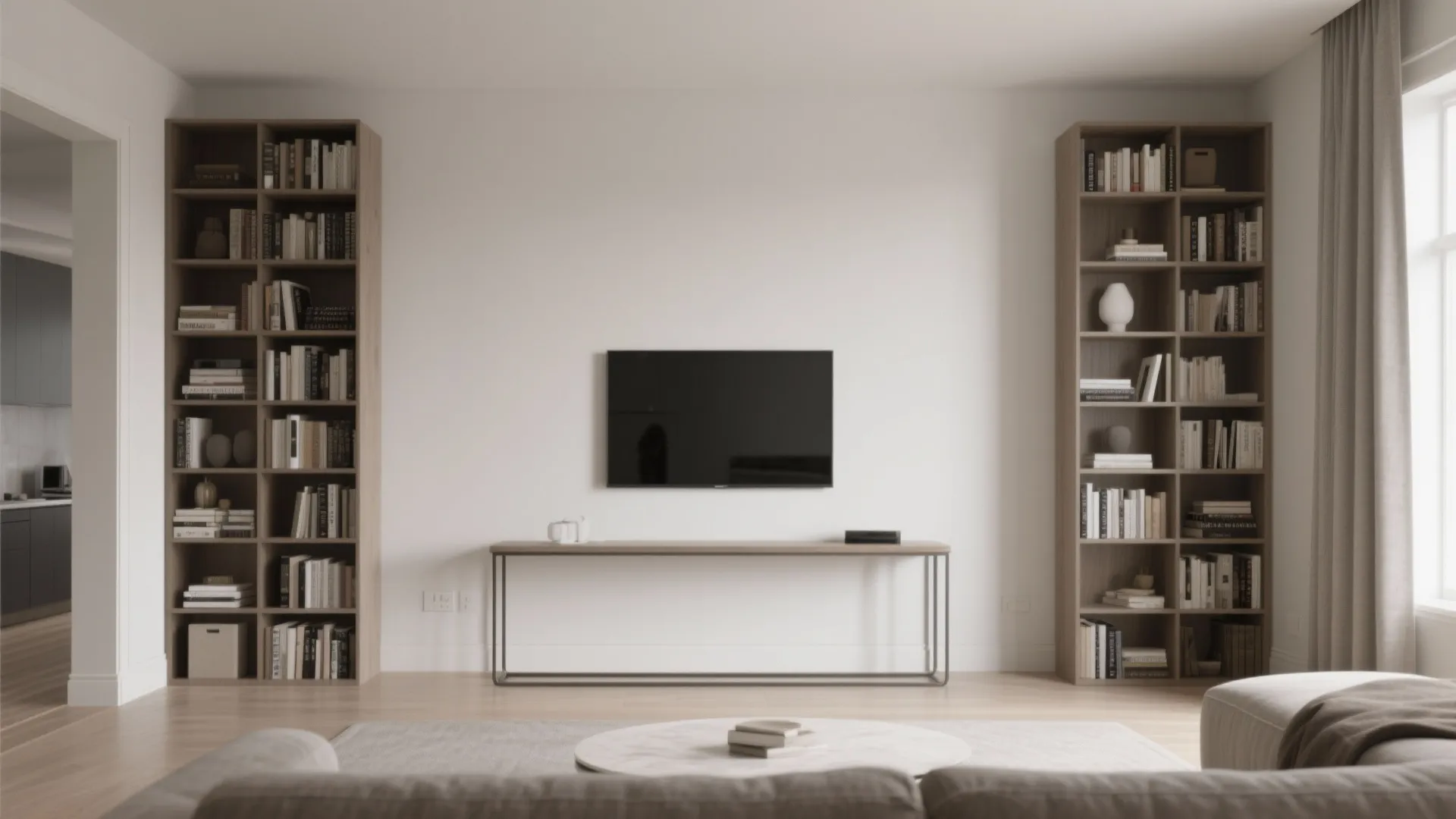Symmetrical living room wall featuring two tall wooden bookshelves and a wall mounted flat television