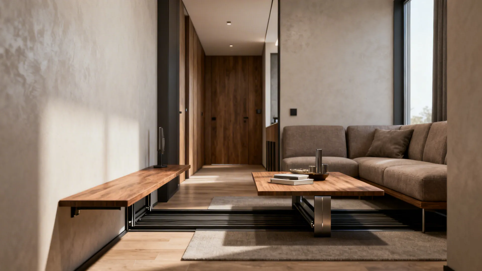 Slim console table converted into a coffee table in a narrow apartment, preserving a clear walkway