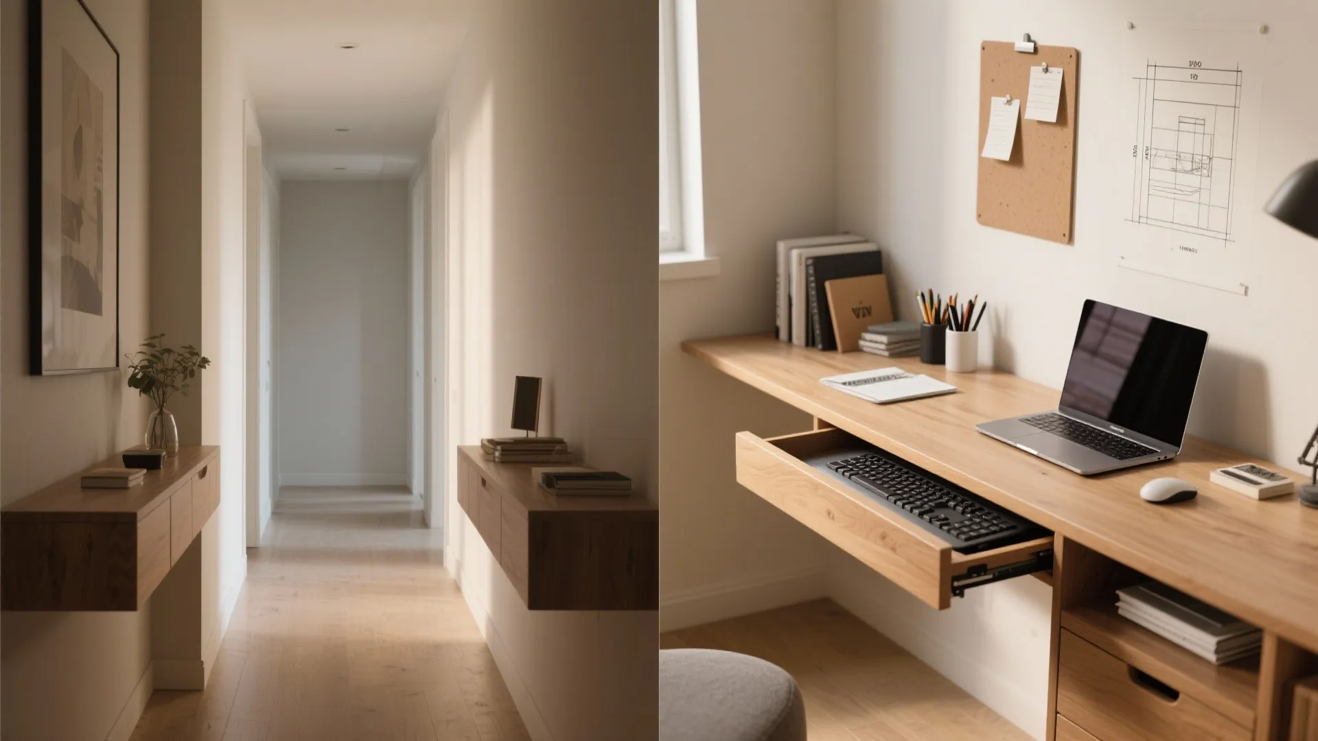 Before and after comparison of narrow hallway cabinet and functional wood desk with laptop computer