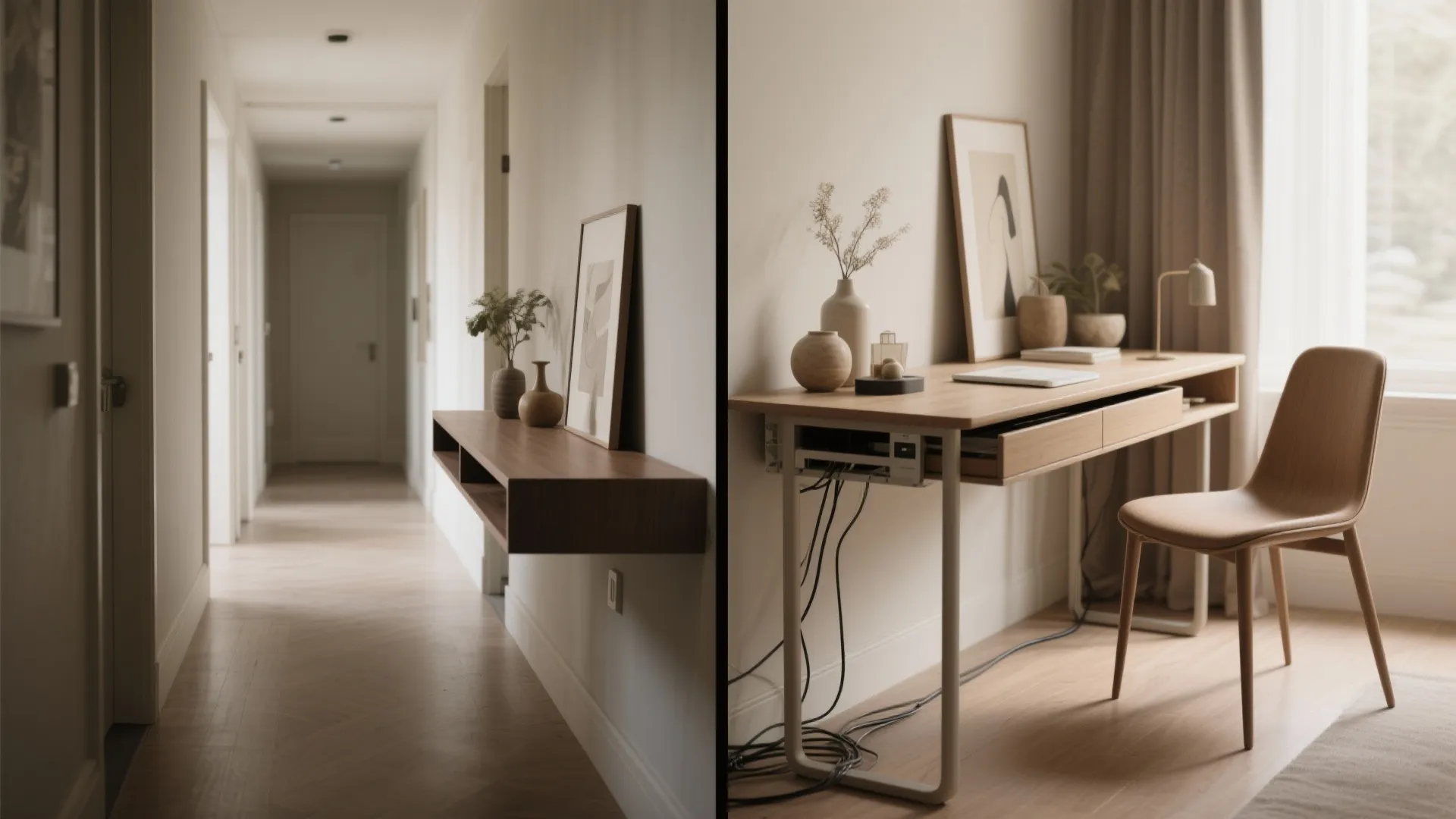 Comparison showing a narrow wooden hallway shelf next to a functional workspace with a chair