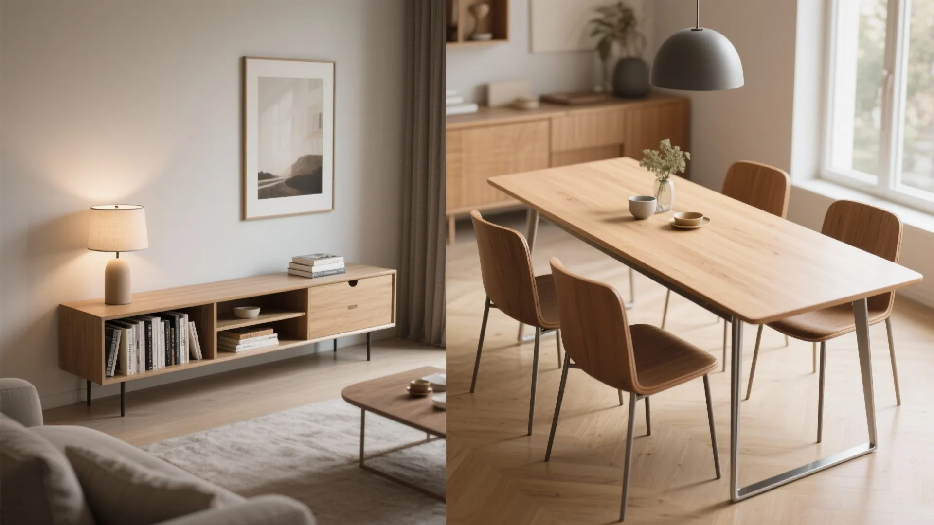 Wooden cabinet with a lamp next to a dining table with four chairs and indoor plants