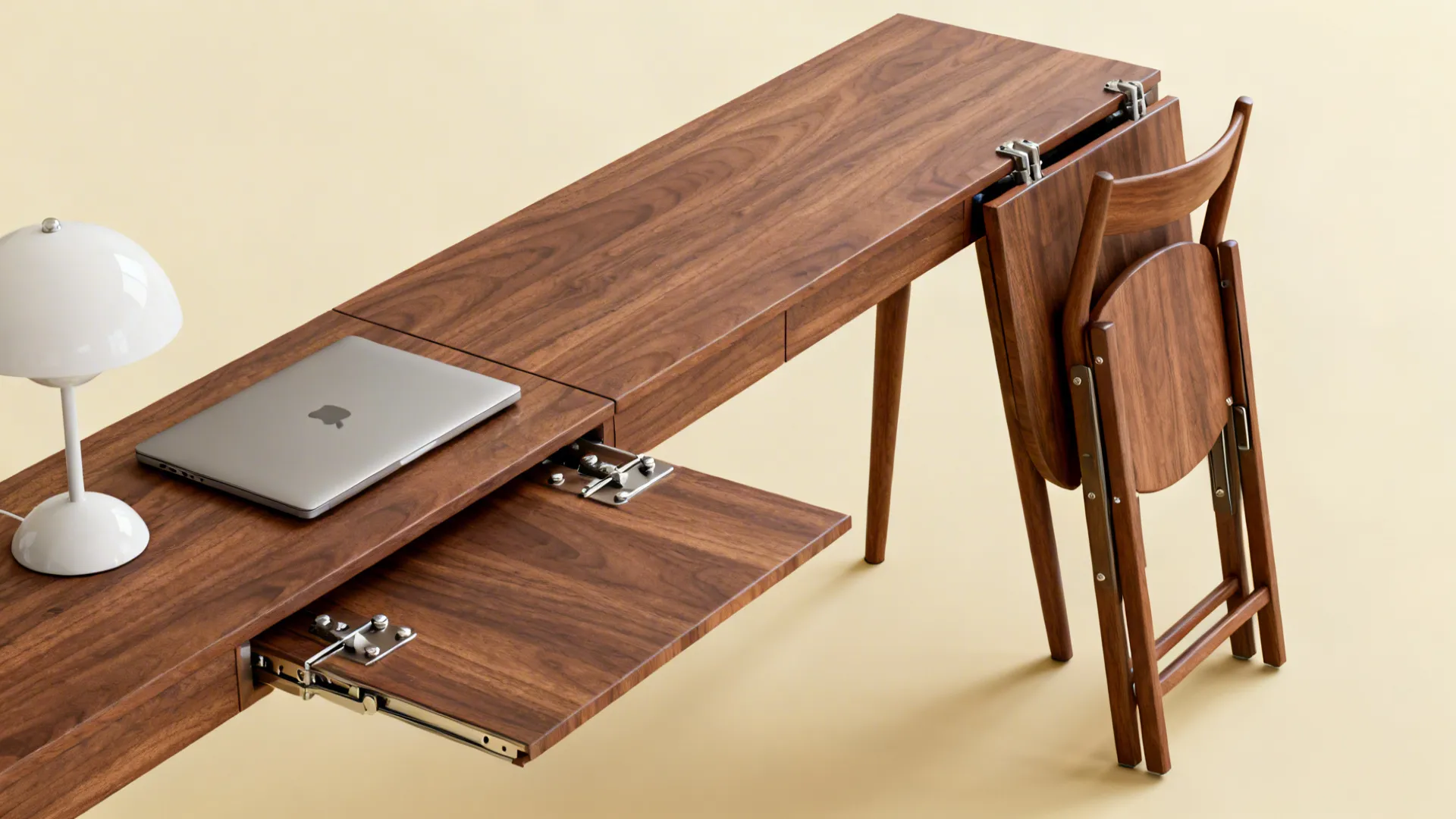 Flatlay of a multipurpose console table with folding leaves and workspace items showing dual use