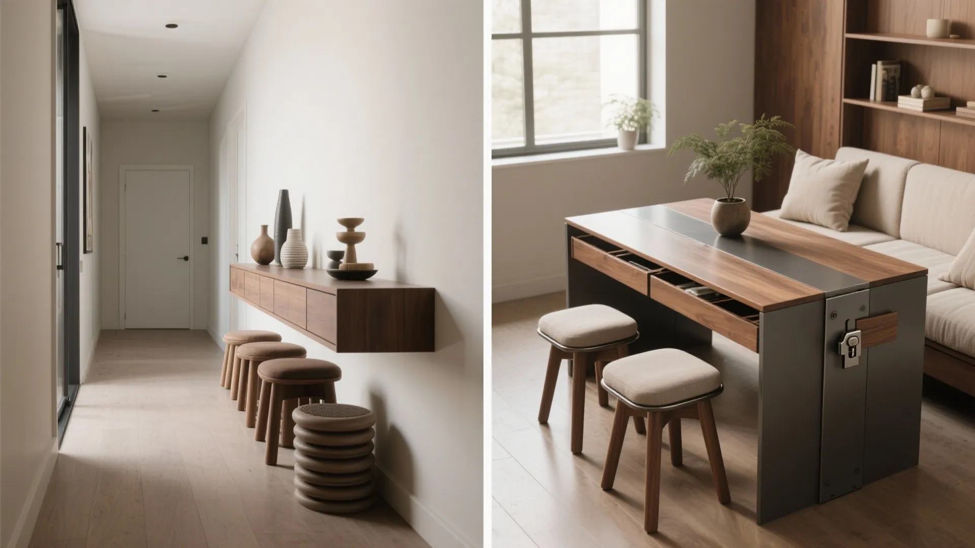 Interior design showing a wall cabinet transformed into a dining table with stools and sofa nearby