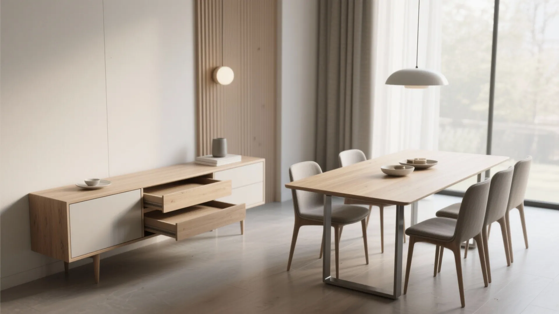 Modern wooden cabinet with open drawers next to dining table and chairs in bright room