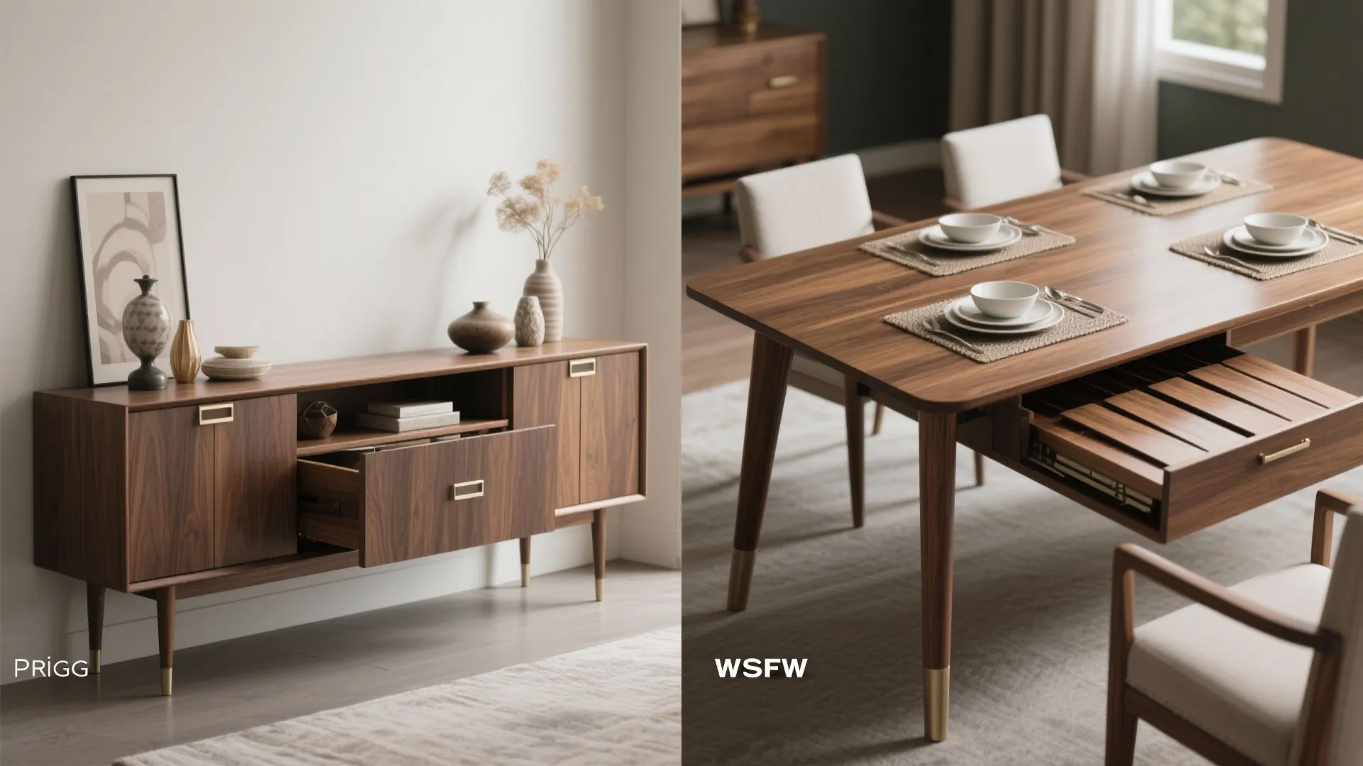 Wooden cabinet with open drawer next to matching dining table with chairs in modern room