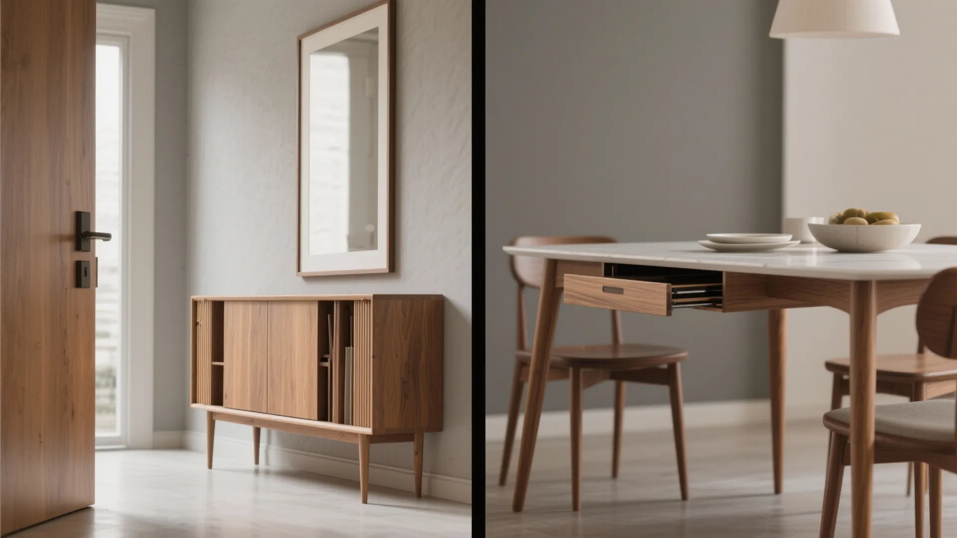 Wooden cabinet with sliding doors beside a dining table with chairs and a ceiling light