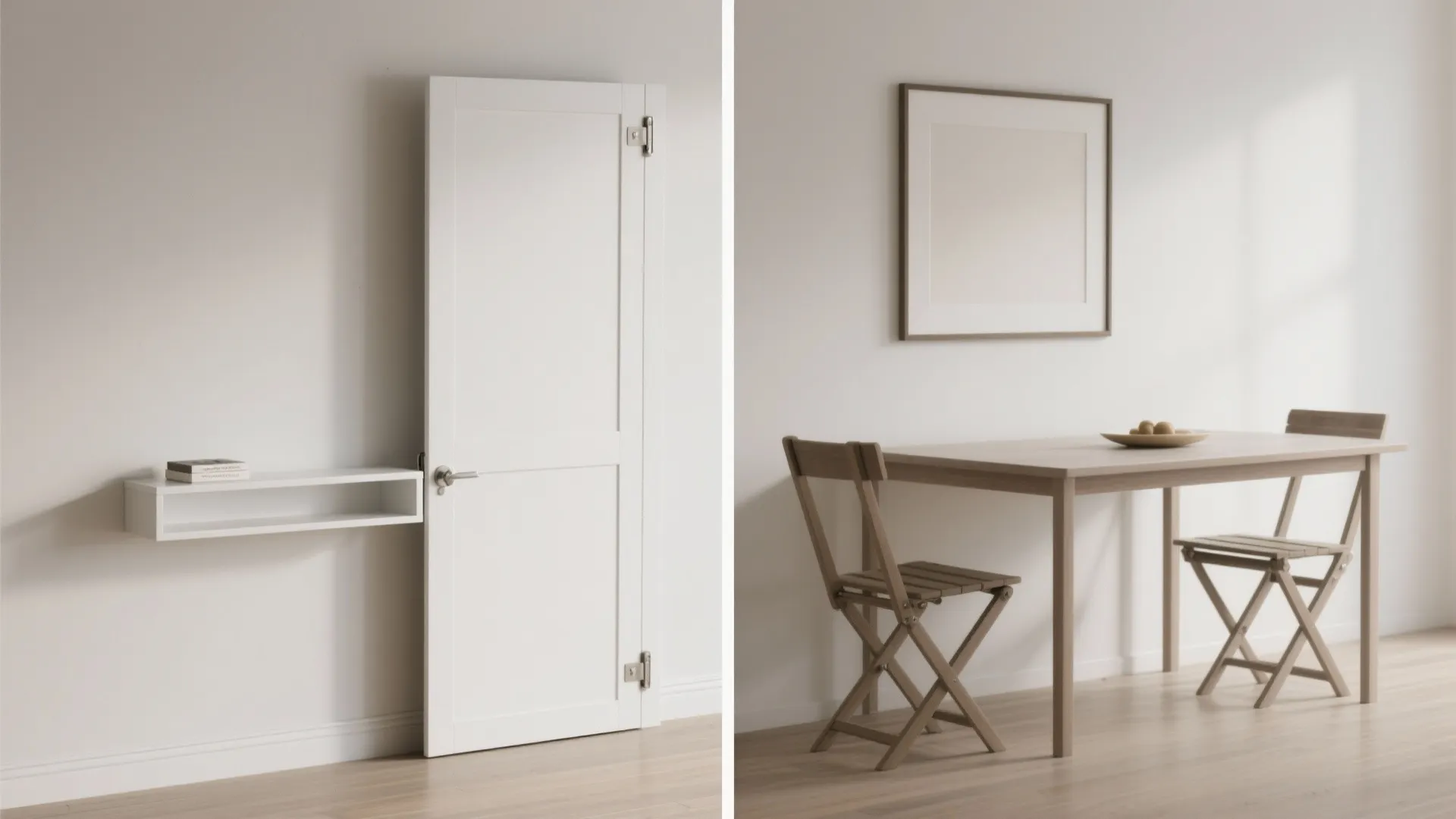 Narrow white farmhouse console shown closed and expanded into a dining table with folding chairs.