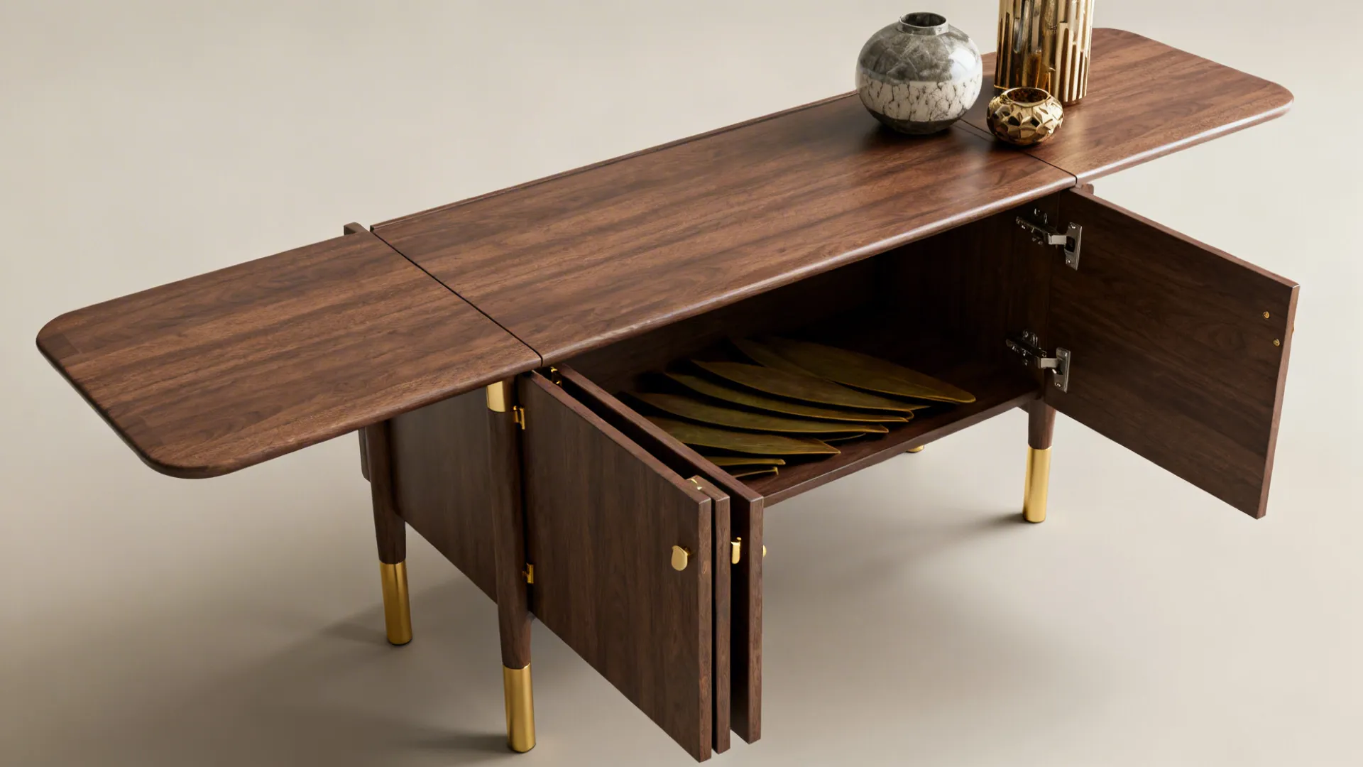 Extendable console converting into a dining table, showing hidden leaves and multifunction use