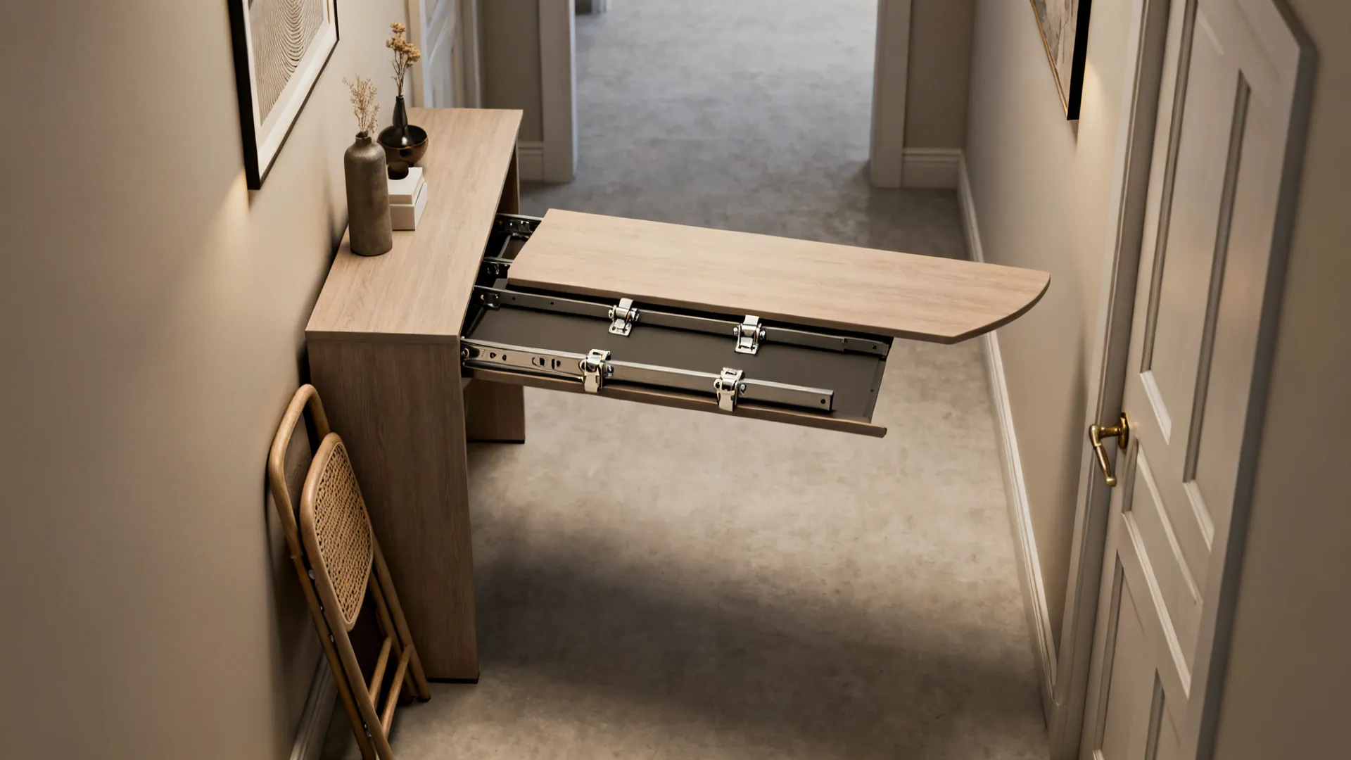 Multi-functional console table mid-conversion into a dining table in a narrow entryway.