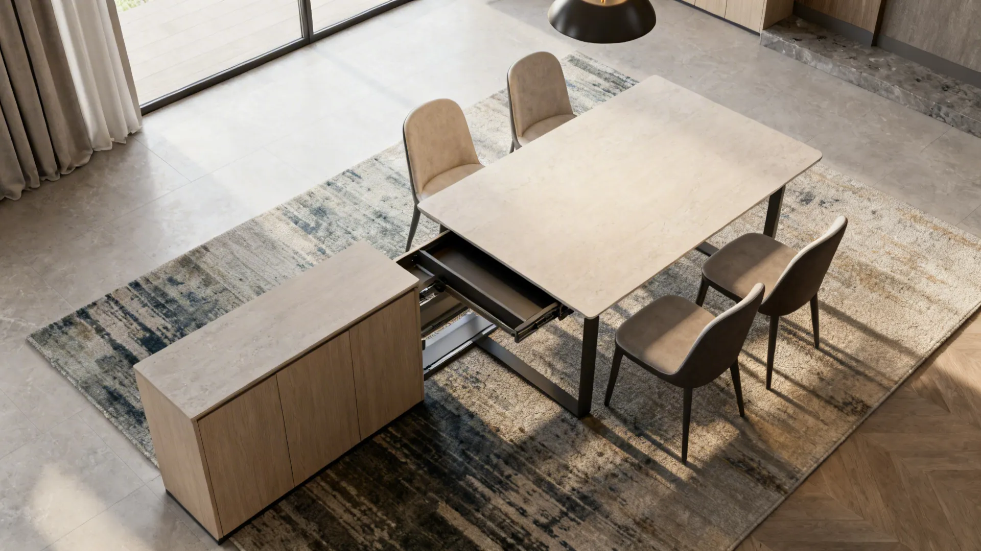 Top-down view of a console transforming into a dining table for four in a living-dining combo