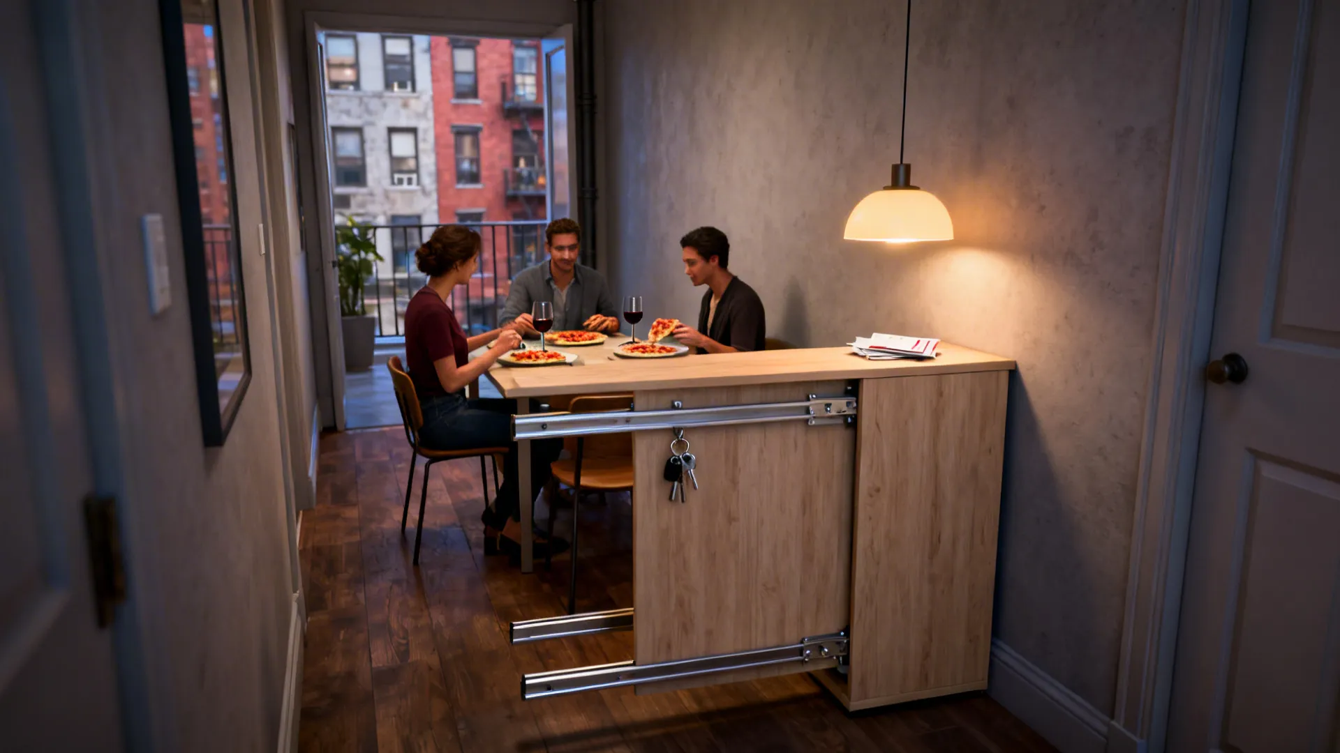 Slim console table pulled out into a dining table in a narrow apartment hallway.