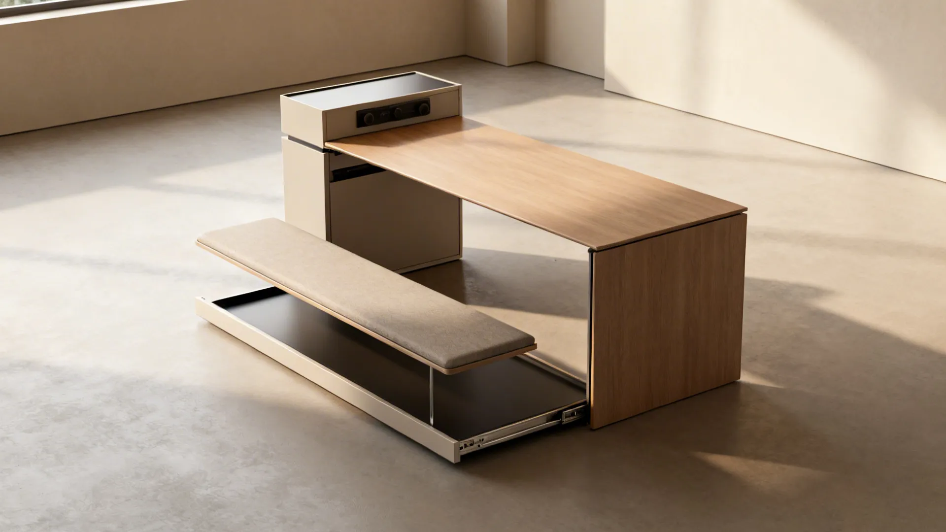 Light wood multipurpose table with a pull out bench seat in a modern room layout