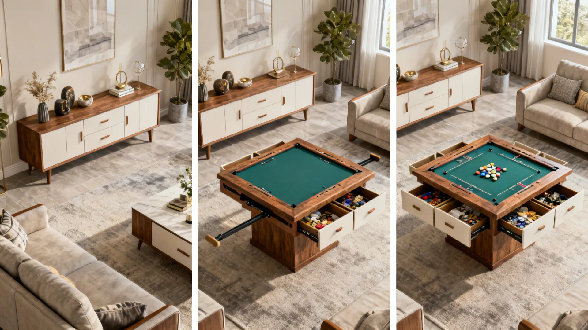 Top-down sequence of a console converting into a square game table with storage drawers.