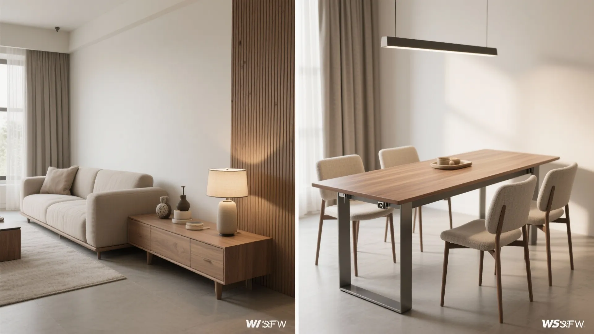 Before and after comparison showing a low wooden cabinet versus a tall wooden dining table set