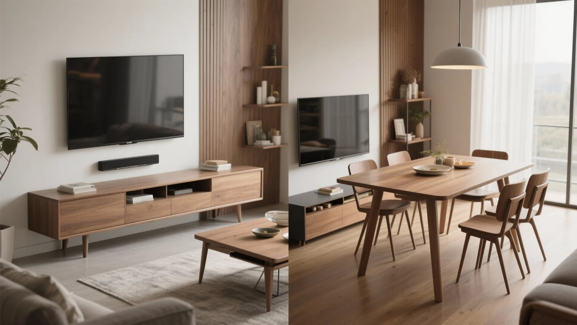Modern living room with television and wooden cabinet beside a dining area with table chairs