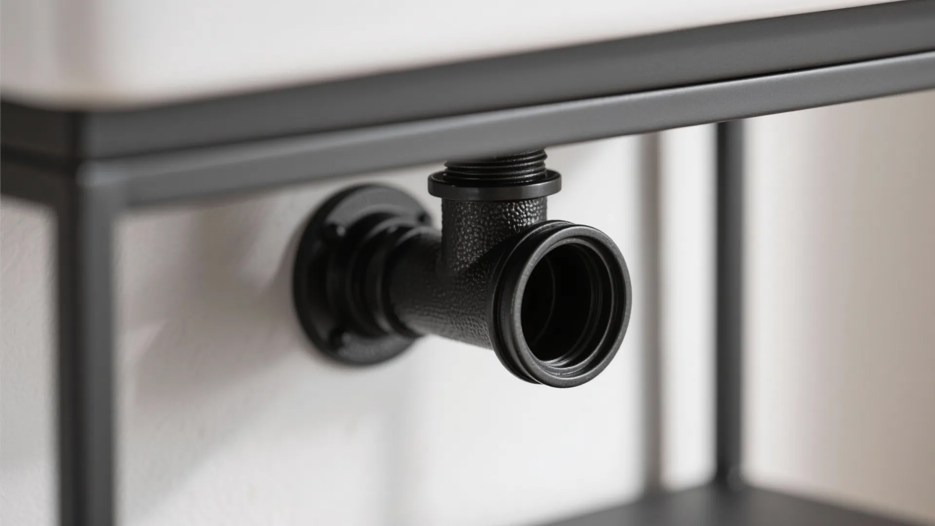 Close up of black metal pipe fitting installed on a white wall under kitchen sink
