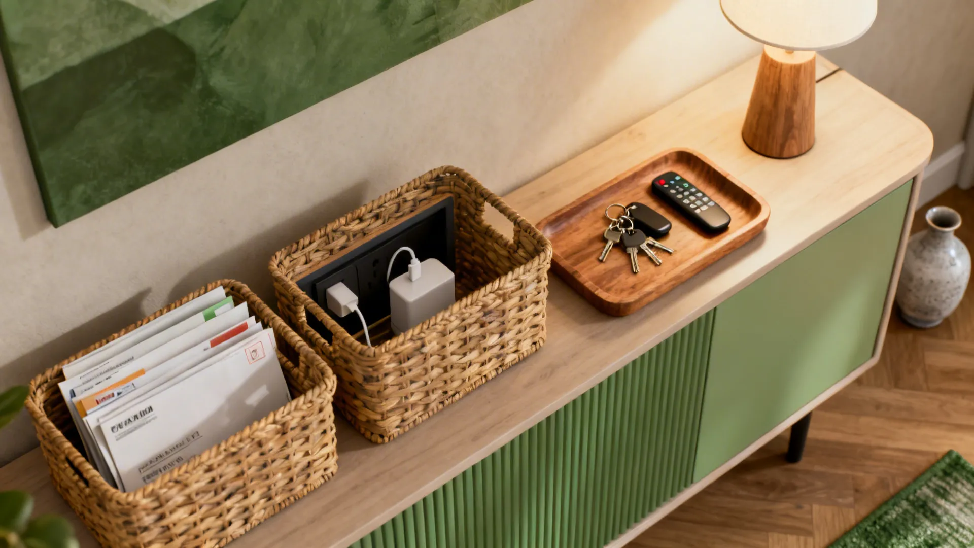 Top-down view of a console styled with baskets, trays, lamp and charger station