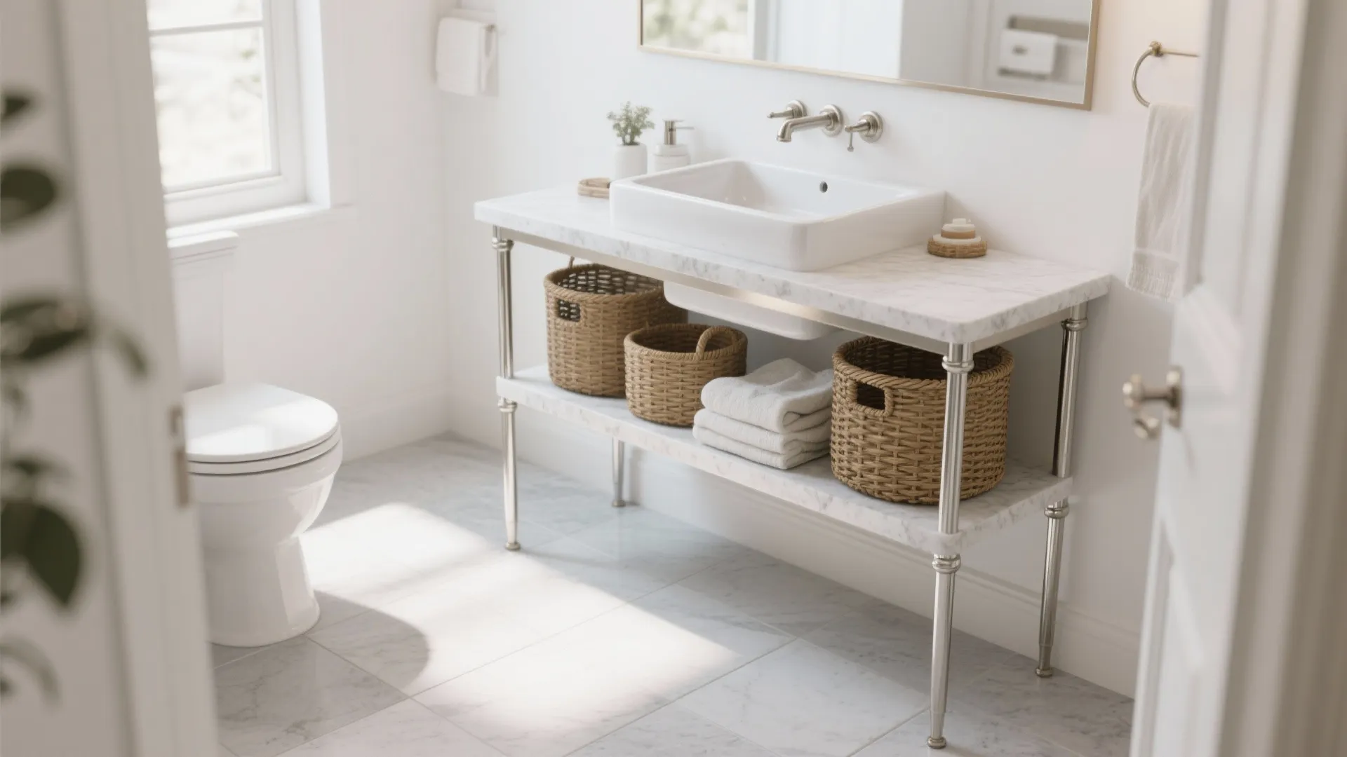 Console-Style Vanity with Open Base and Towel Shelf