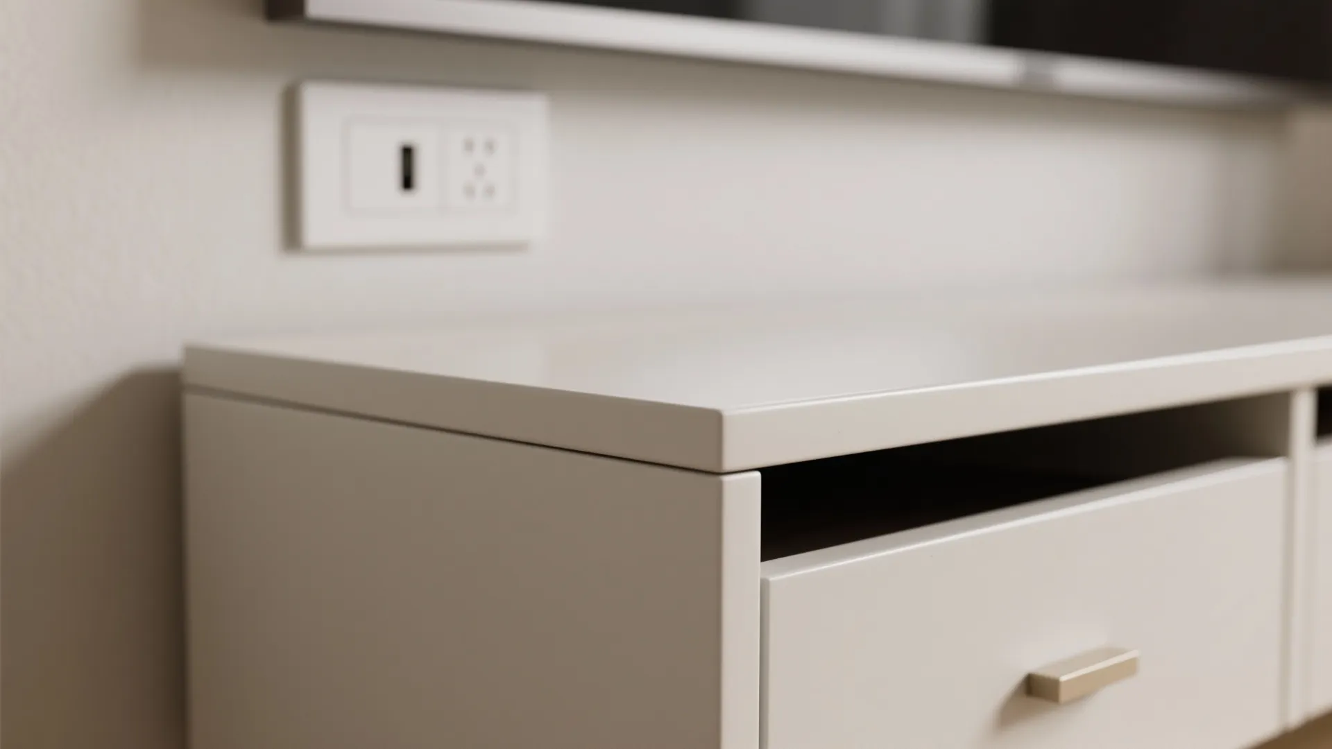 Macro of half-wall console showing satin paint finish, shadow gap, and flush USB outlet.