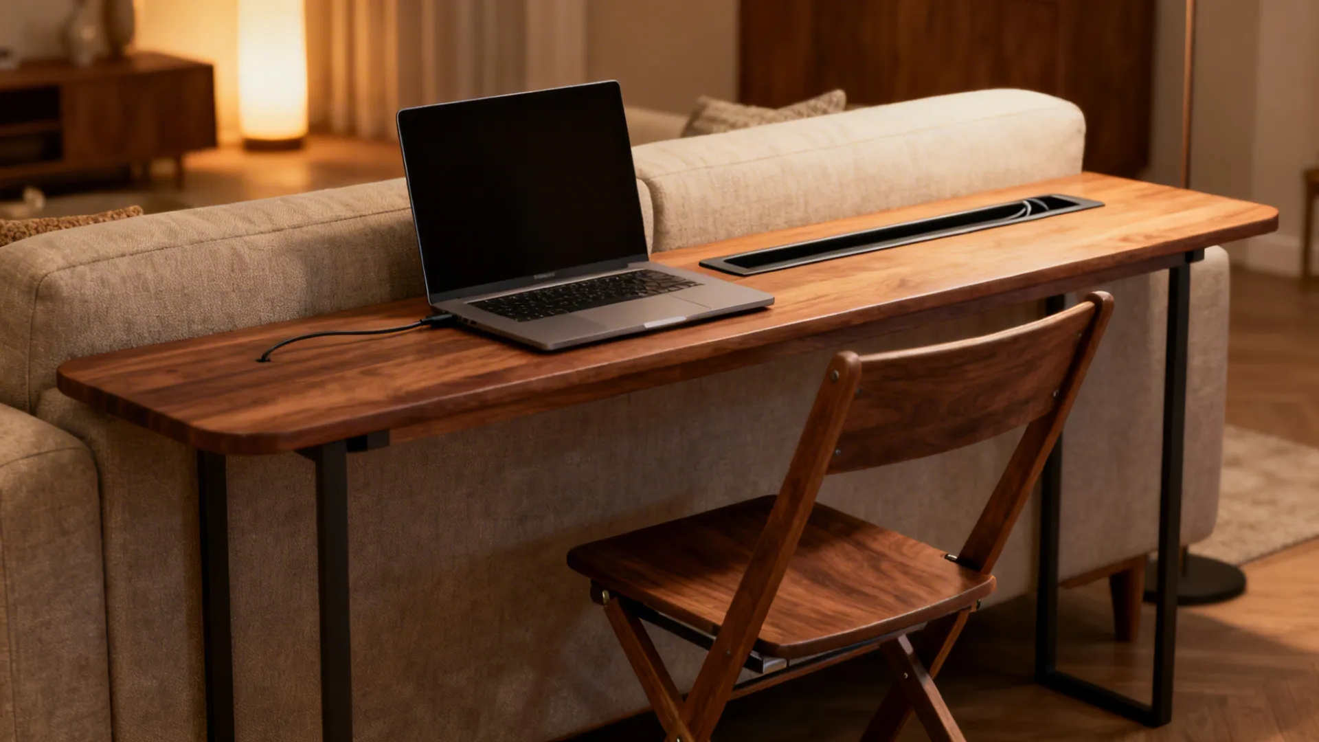 Narrow console table behind a sofa set up as a compact workstation with tidy cables
