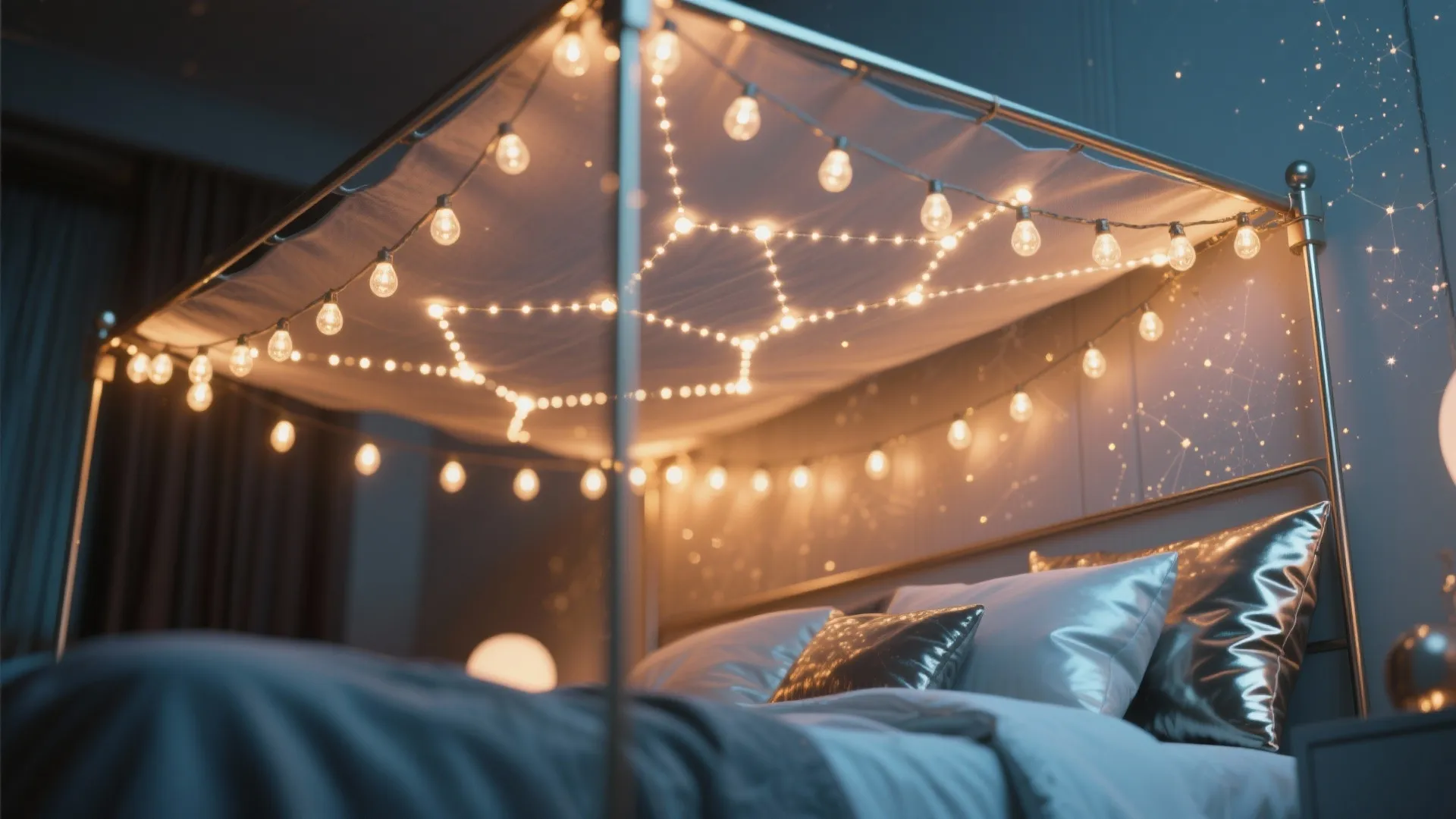 Bed with canopy frame decorated with string lights, shiny silver pillows, and soft warm lighting
