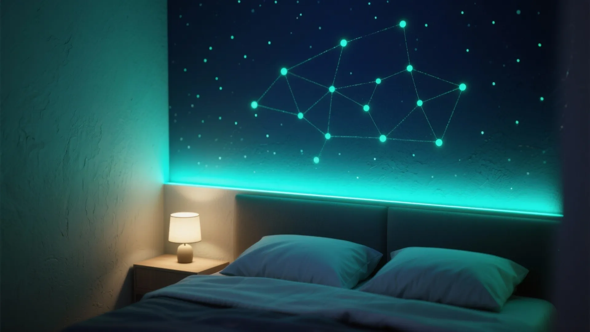 Bedroom with glowing constellation wall art green light strip behind headboard and small table lamp set
