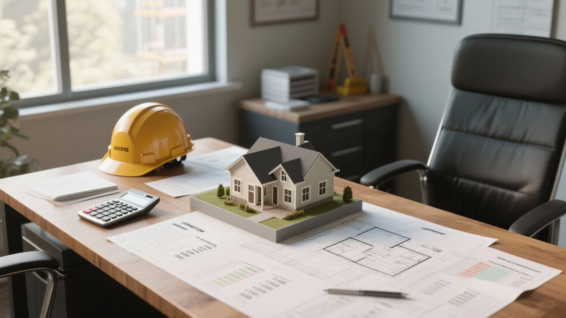 Desk with blueprints, cost sheets, calculator and hard hat representing local construction cost planning.