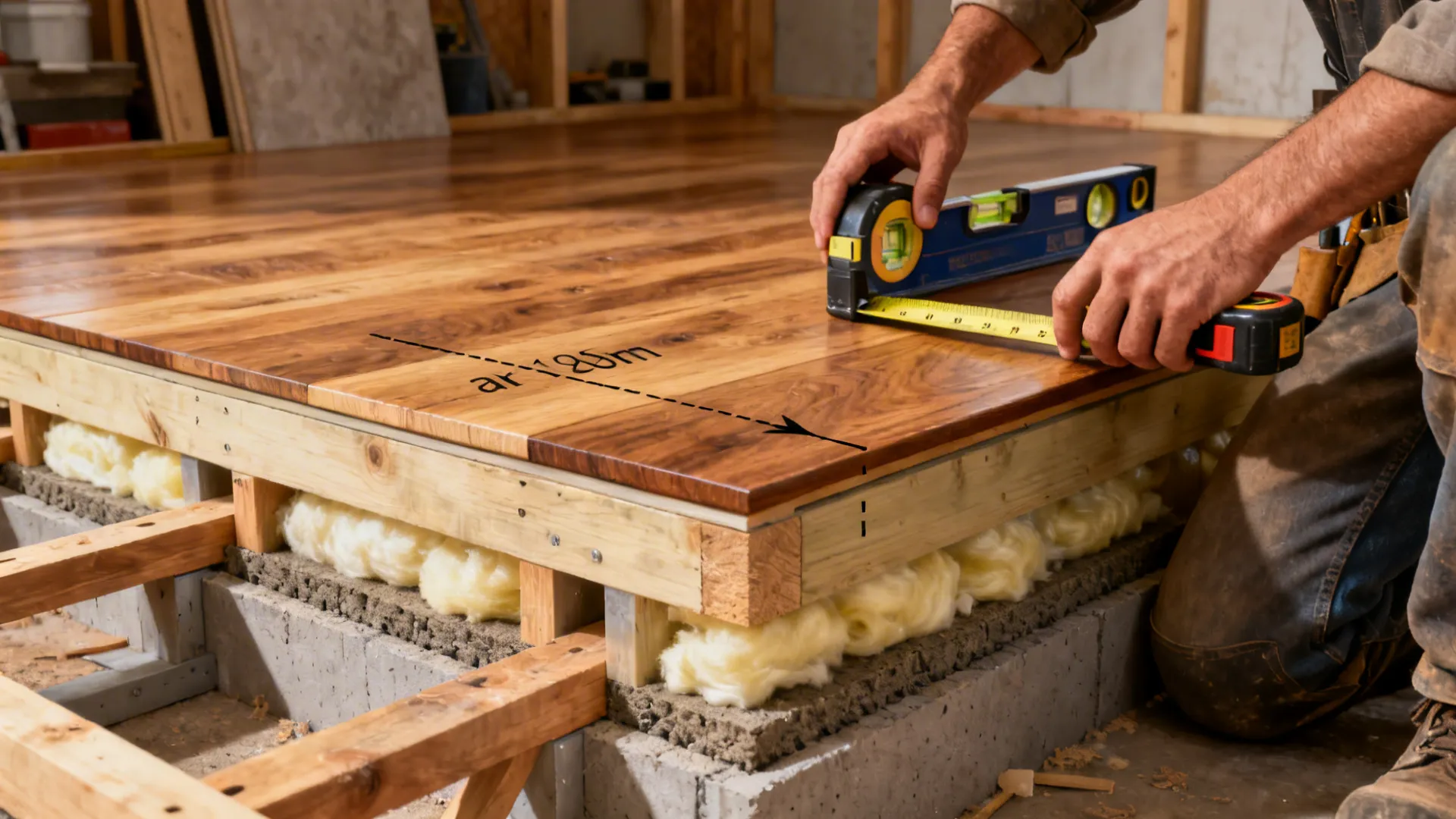Macro view of a raised floor cross-section with joists, subfloor and finished hardwood, plus contractor tools.