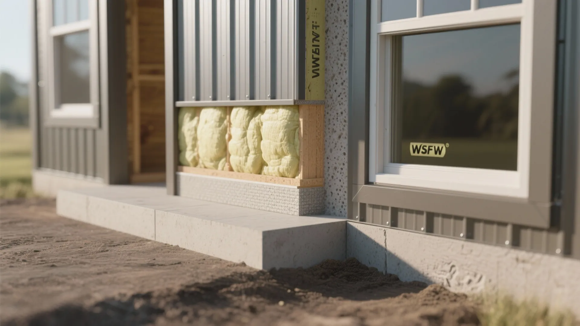 Macro detail of insulation, window frame, and metal siding assembly for a barndominium