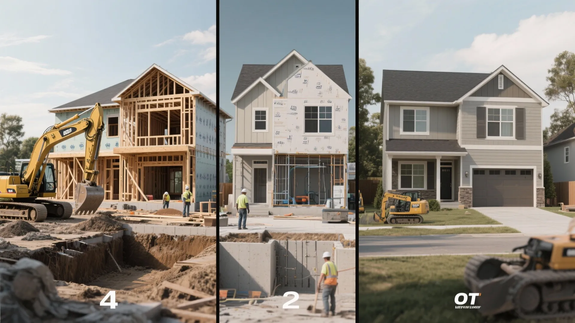 Montage showing foundation, framing, rough-in MEP and finished exterior of a 4-bedroom house