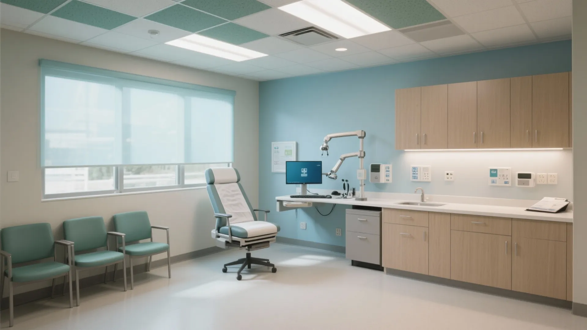 Modern medical room with blue walls wooden cabinets exam chair and computer on a desk