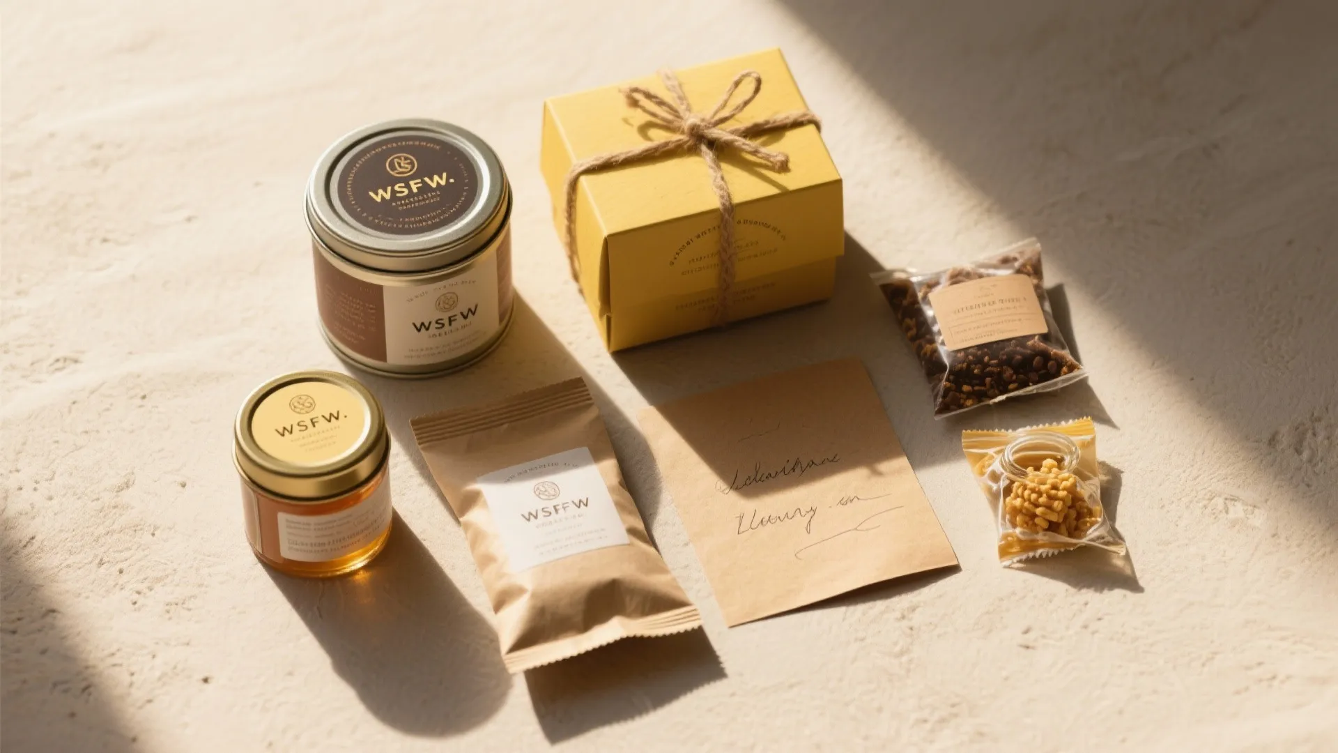 Yellow gift box with honey jars and tea tin next to snacks on a sandy surface