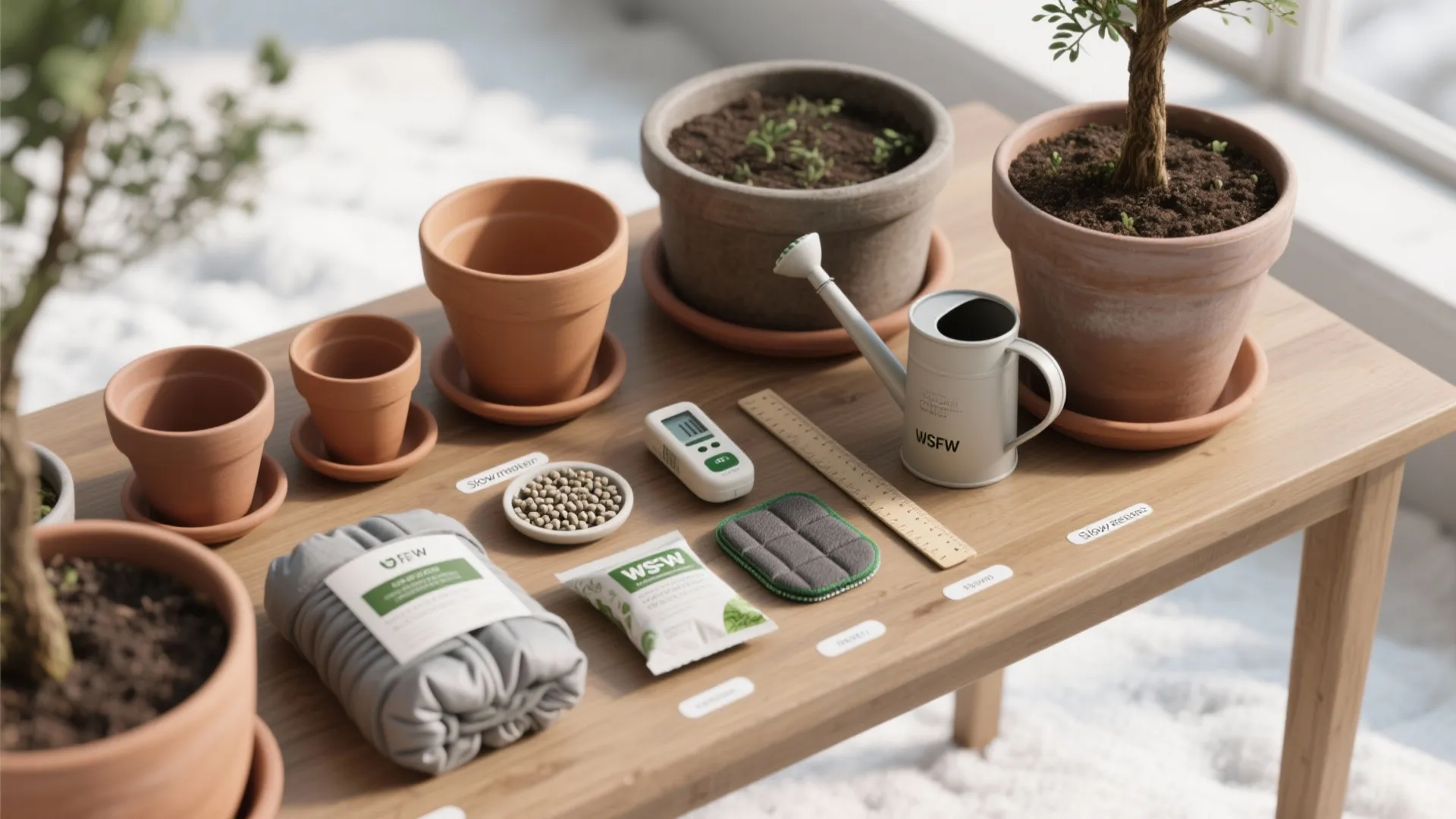Wooden table with flower pots and watering can and seeds plus tools for indoor gardening