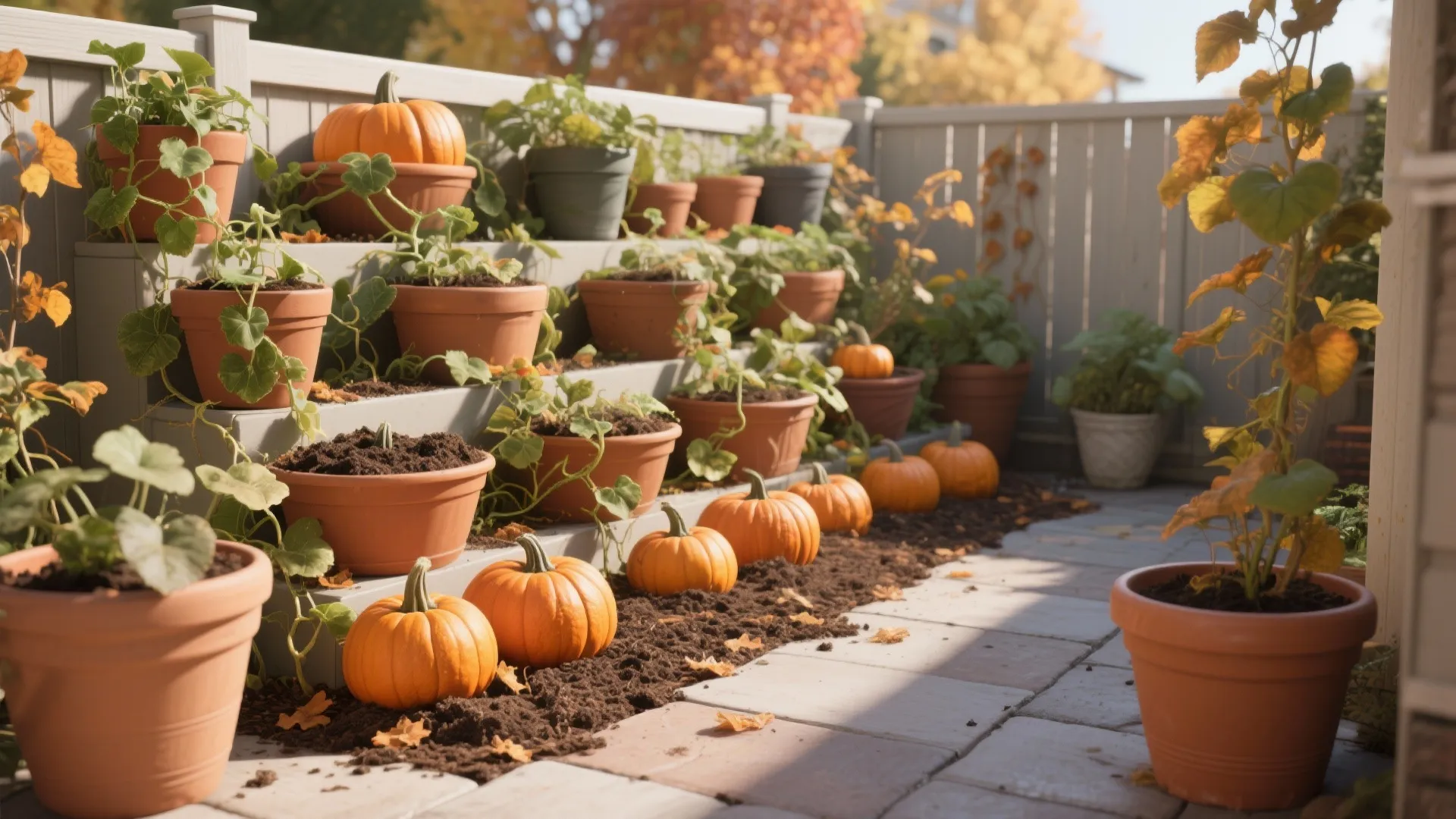 Vertical garden setup featuring terracotta pots with leafy plants and small orange pumpkins on steps