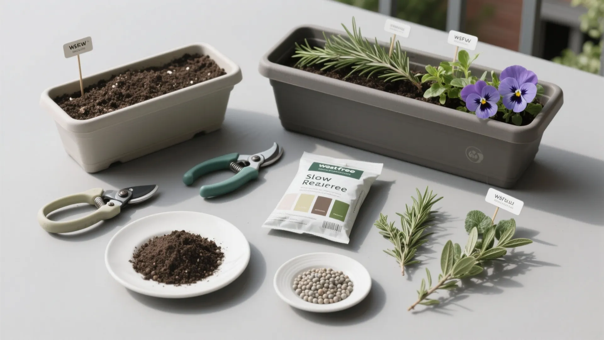 Planting tools with flower pots plus seeds and soil and small plants on a table