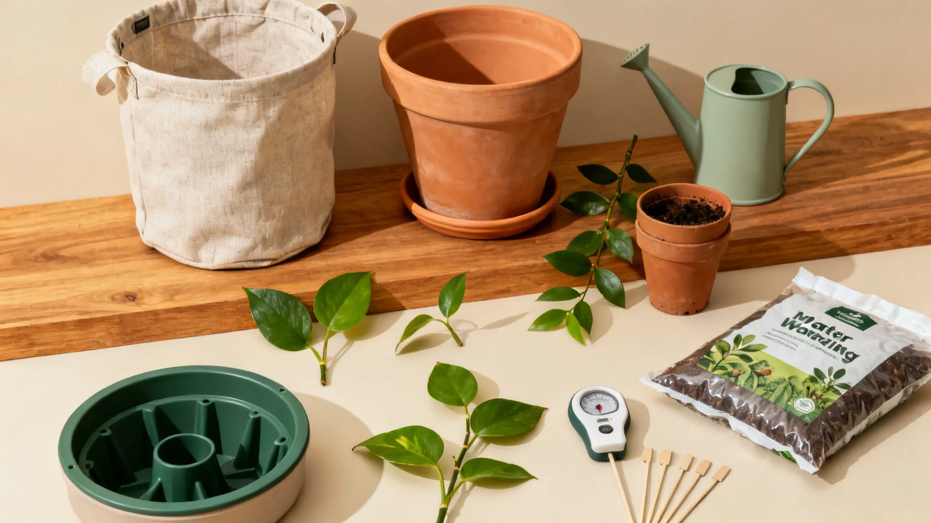 Flatlay of fabric pots, ceramic planters, self-watering inserts, tools, and potting mix.