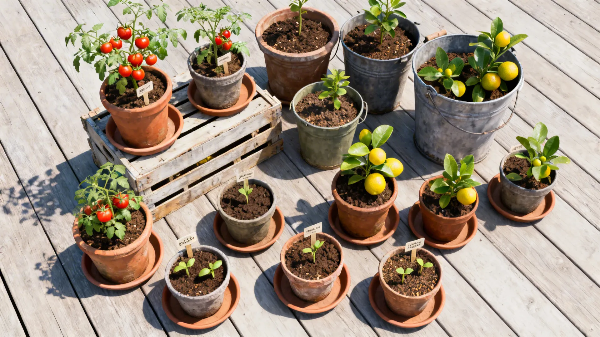 Top-down view of grouped multi-use pots, repurposed containers, dwarf tomato and citrus plants with trays and potting mix.