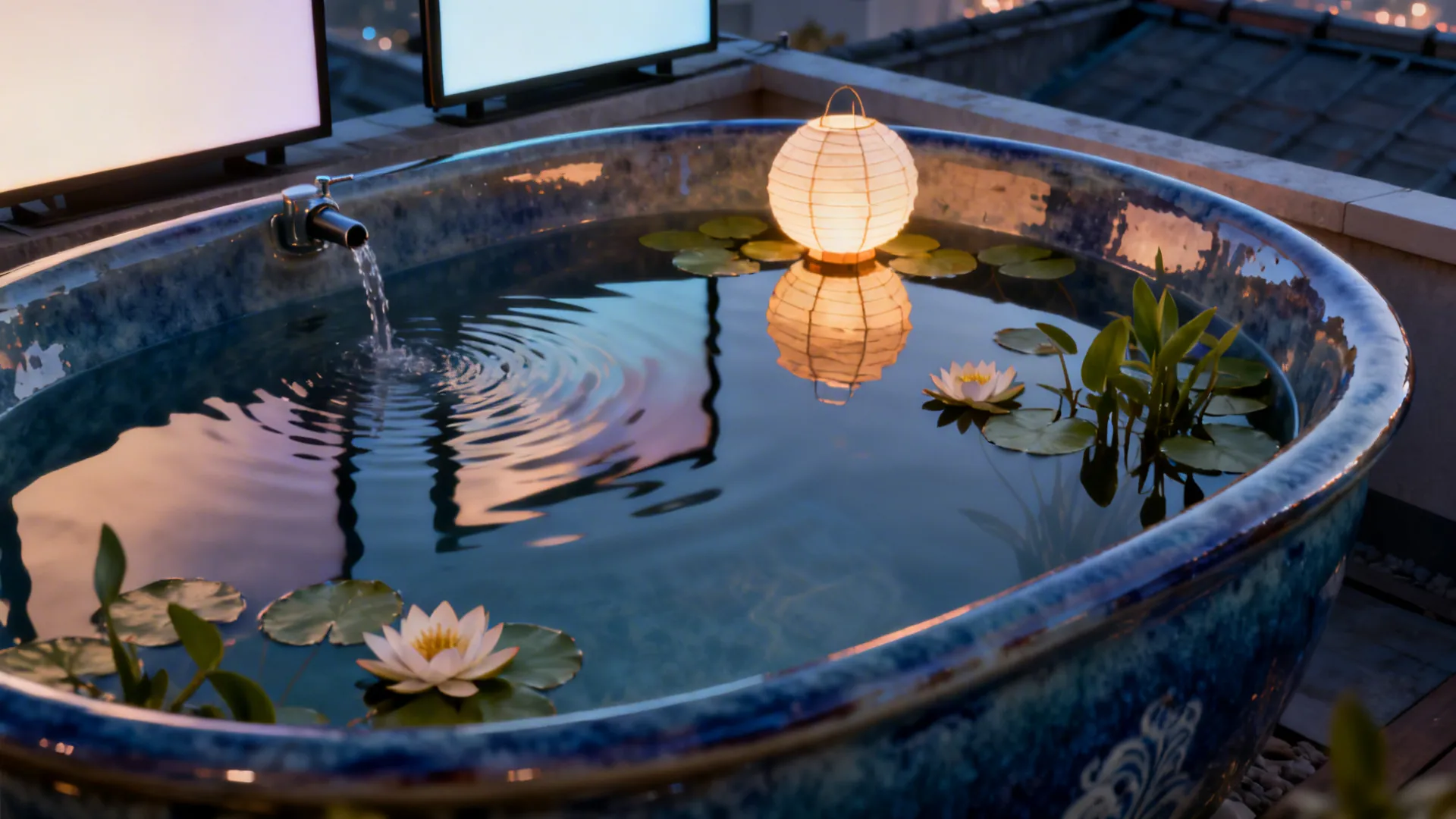 Deep ceramic tub water vignette with floating lantern and water plants on a rooftop.
