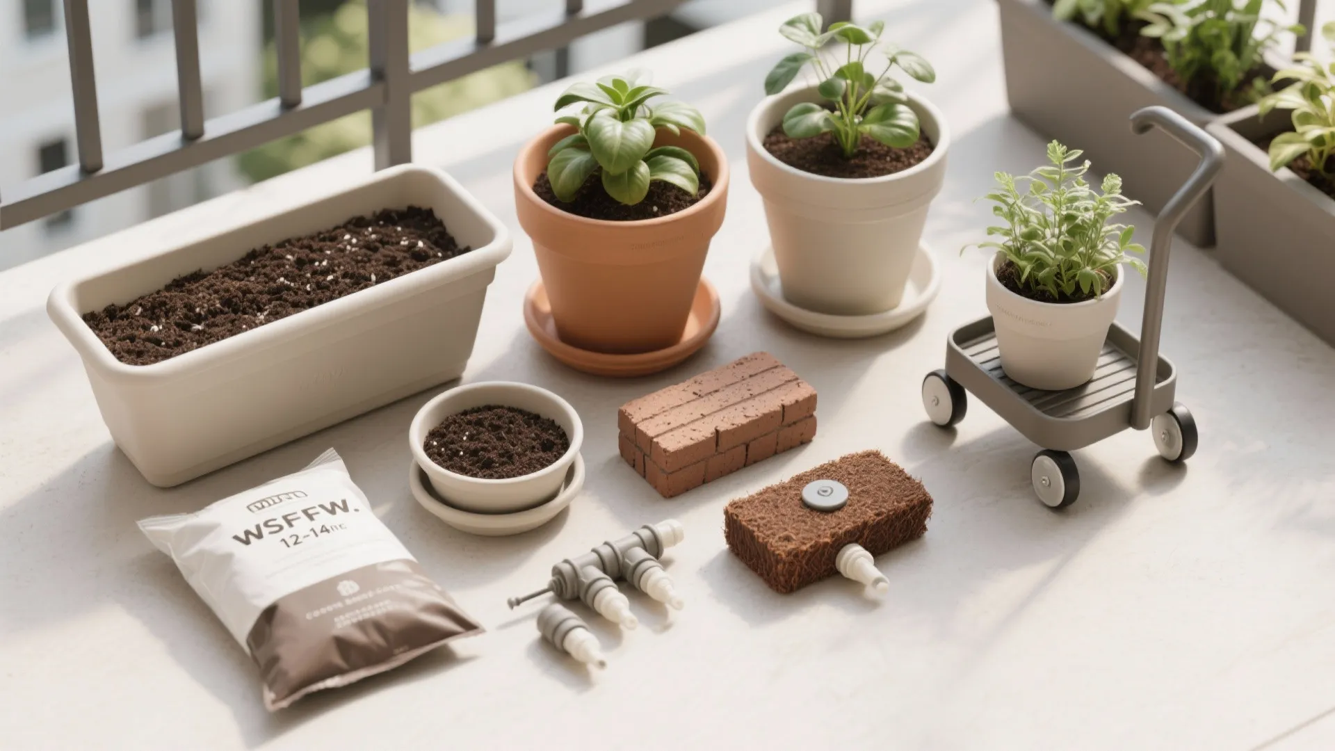 Flat lay of deep resin pots, trough planters, saucers, potting mix, coco coir, emitters, and a rolling caddy.