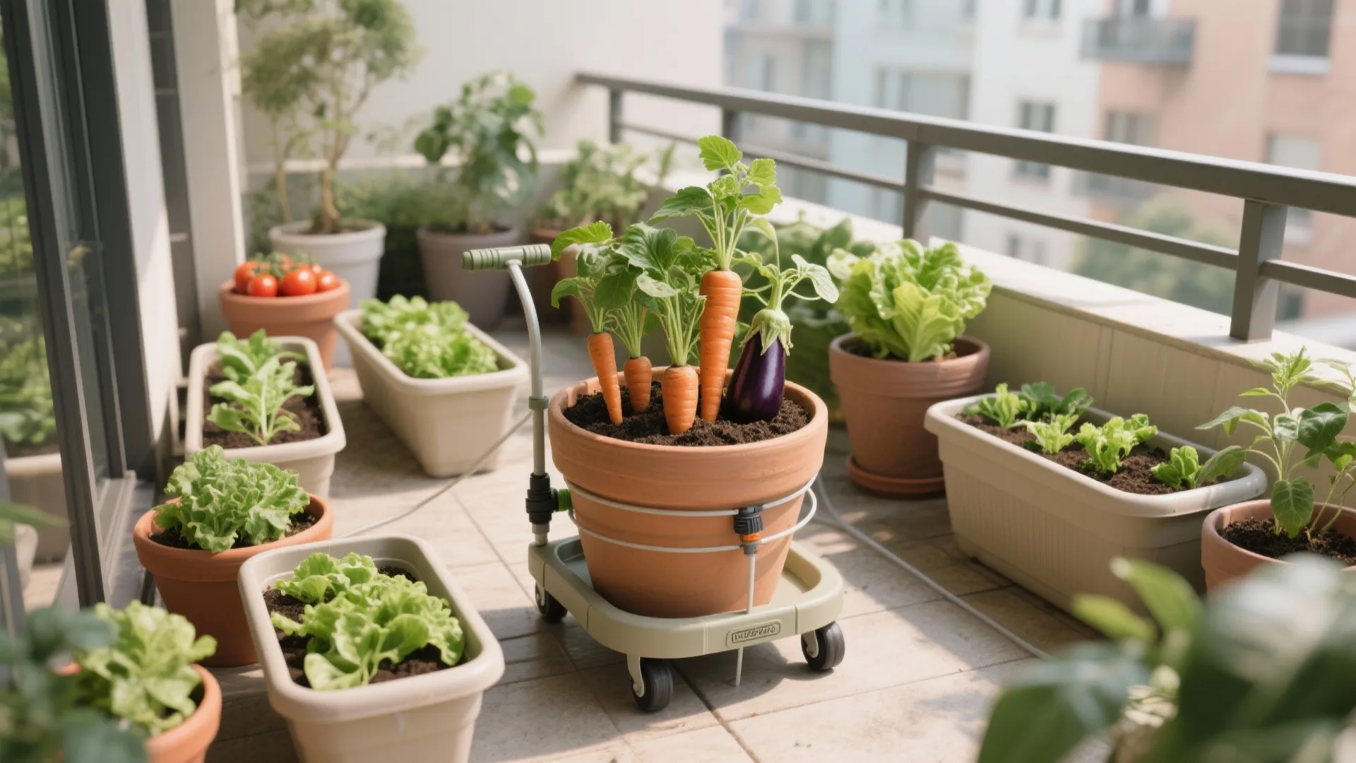 Mixed balcony containers with deep pots for root crops and troughs for leafy greens.