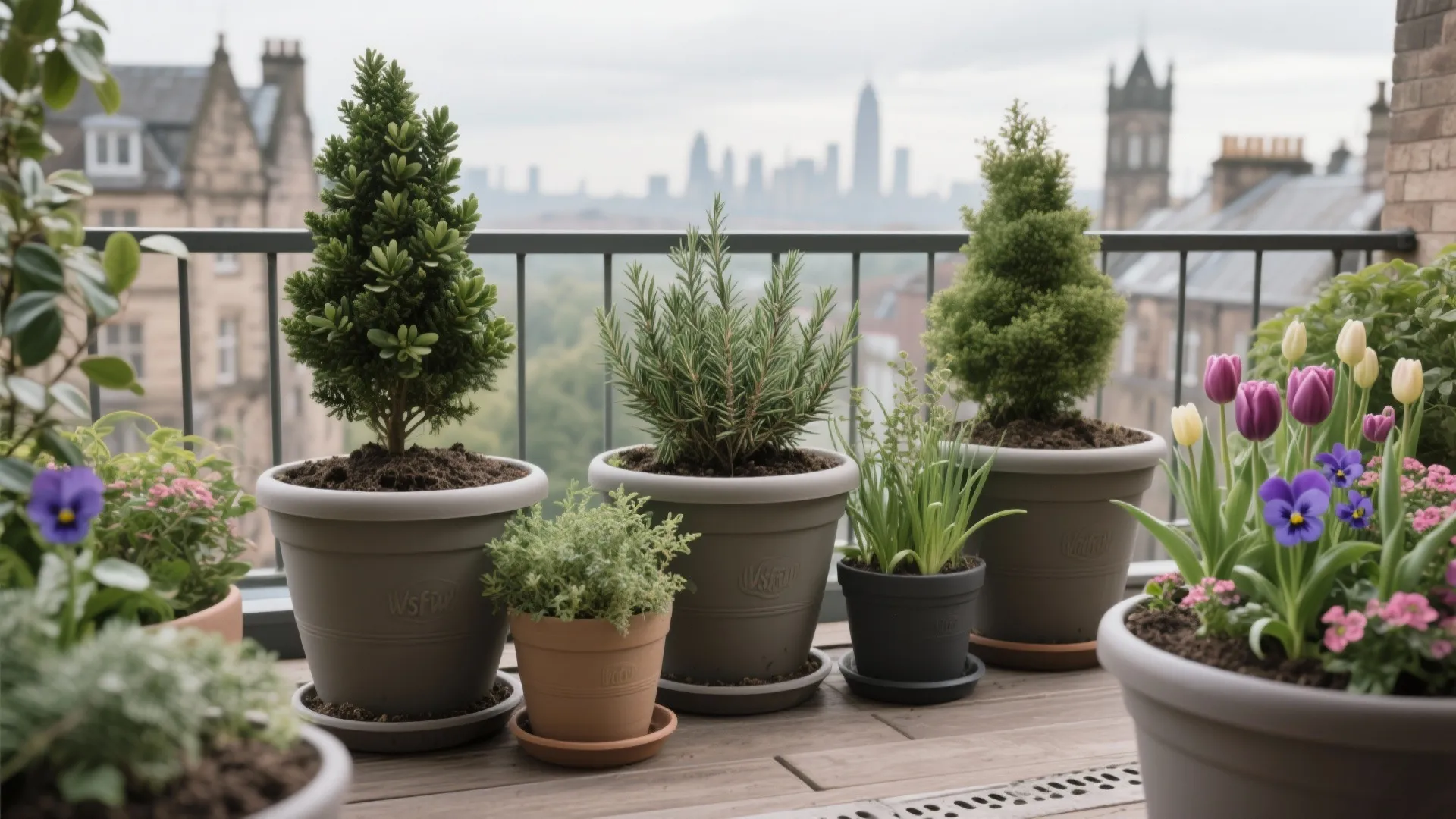 Various potted plants with green trees and colorful flowers on a balcony facing the city