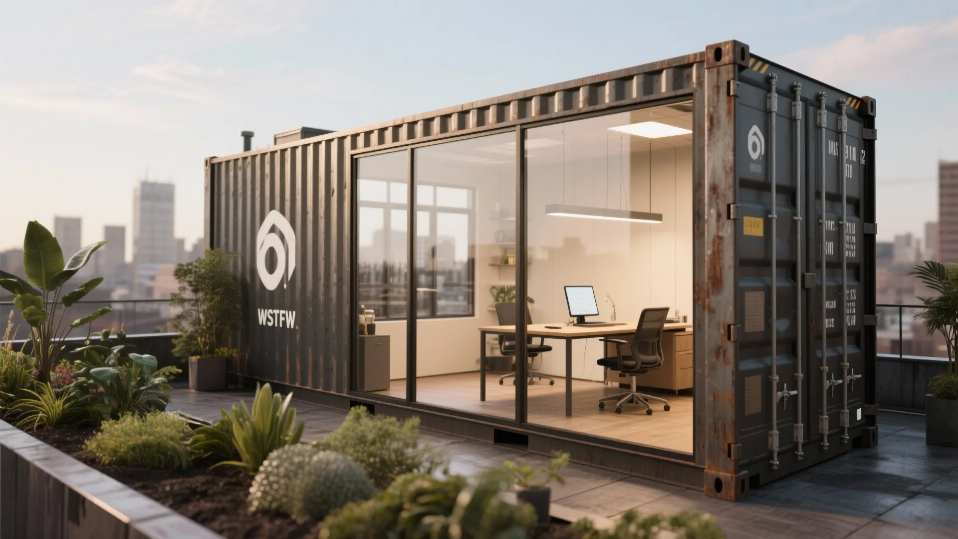 Shipping container converted into a stylish outdoor office