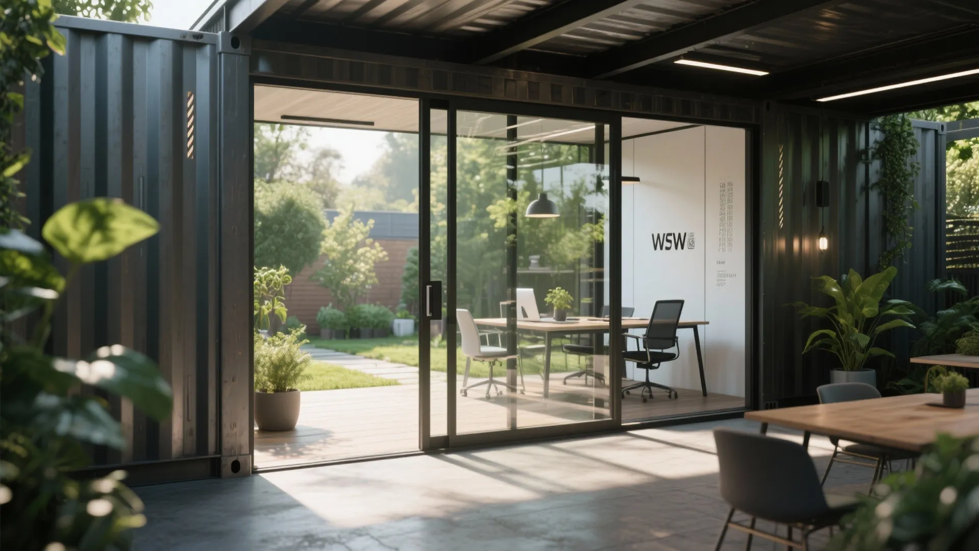 Converted shipping container office with large glass doors and garden view