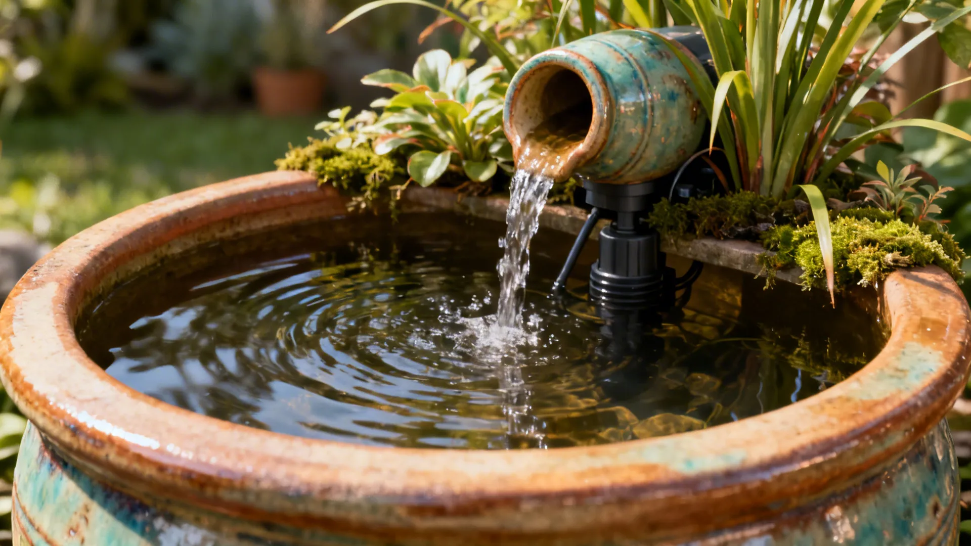 Glazed ceramic container pond with a small cascade and marginal plants, ideal for terraces.